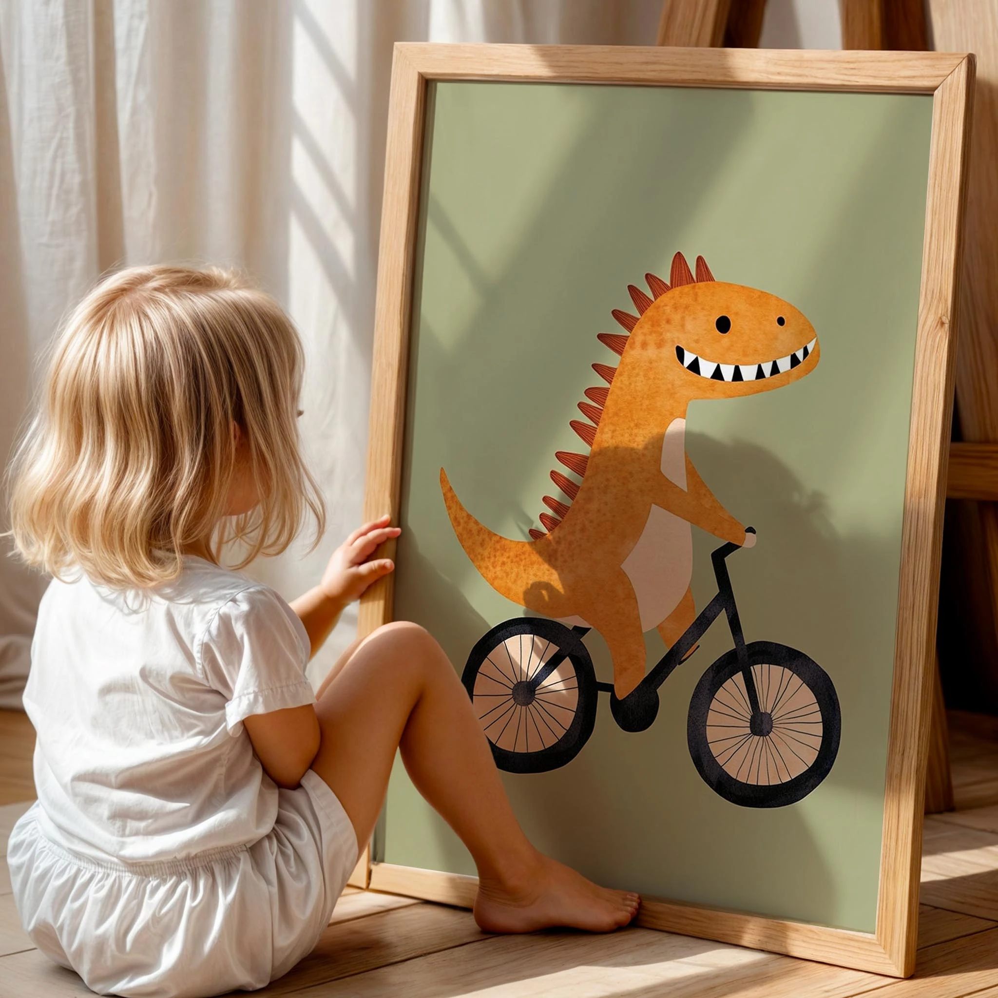 Bisiklet Süren Dinozor Temalı Yeşil Fon Çocuk Odası Ahşap Tablo I