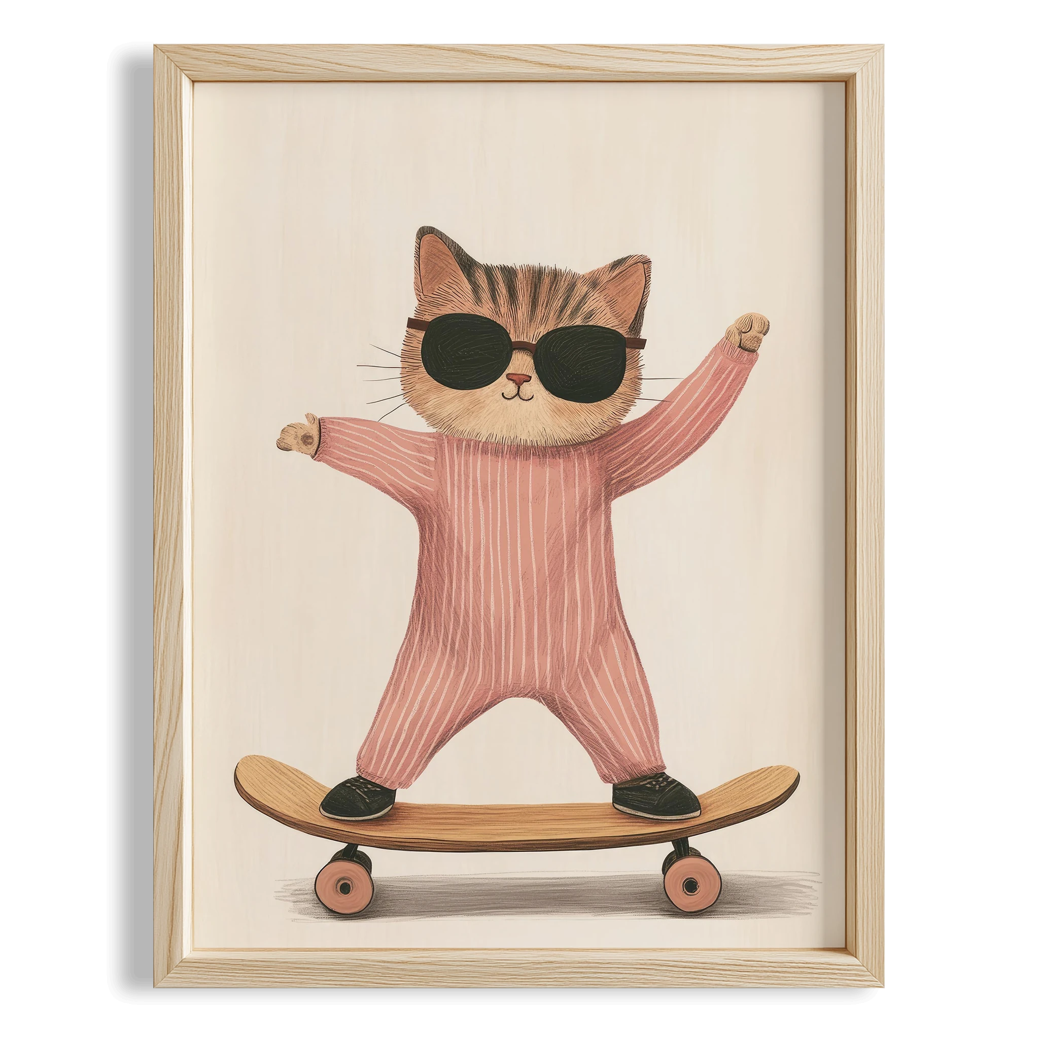 Pijamalı Kaykaycı Kedi - Beyaz Fon