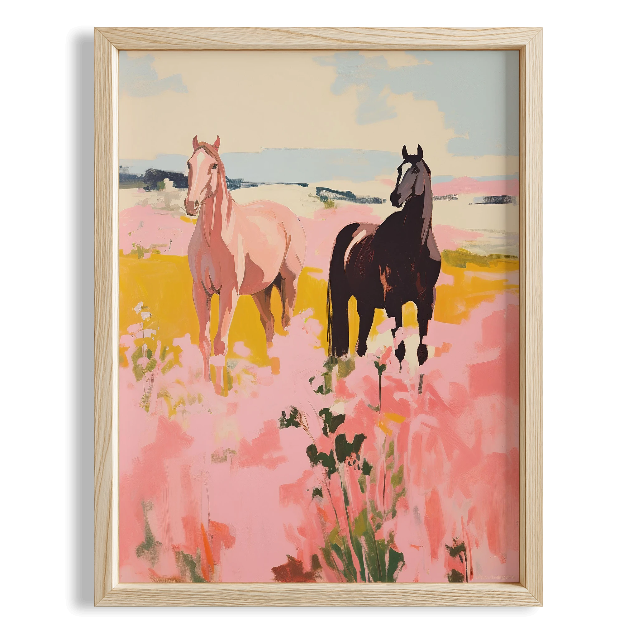 Pembe Çiçekli Kırda Atlar - Maximalist Duvar Tablosu II