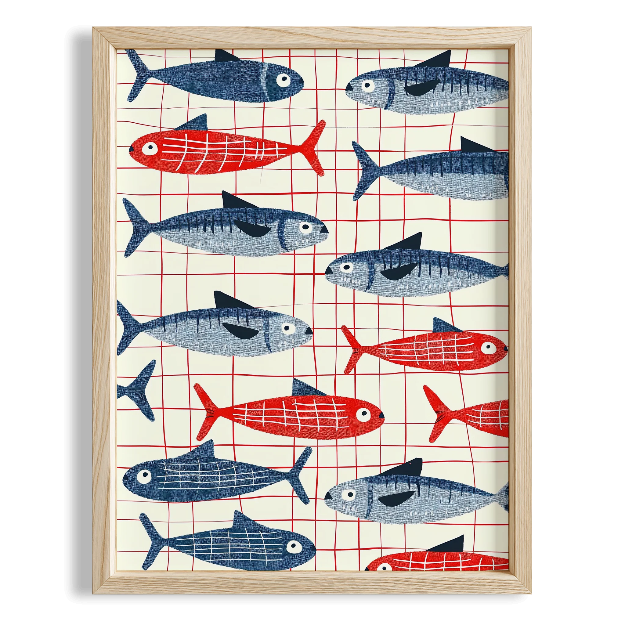 Mavi Kırmızı Sardalyalar Coastal Stil Mutfak Duvar Tablosu