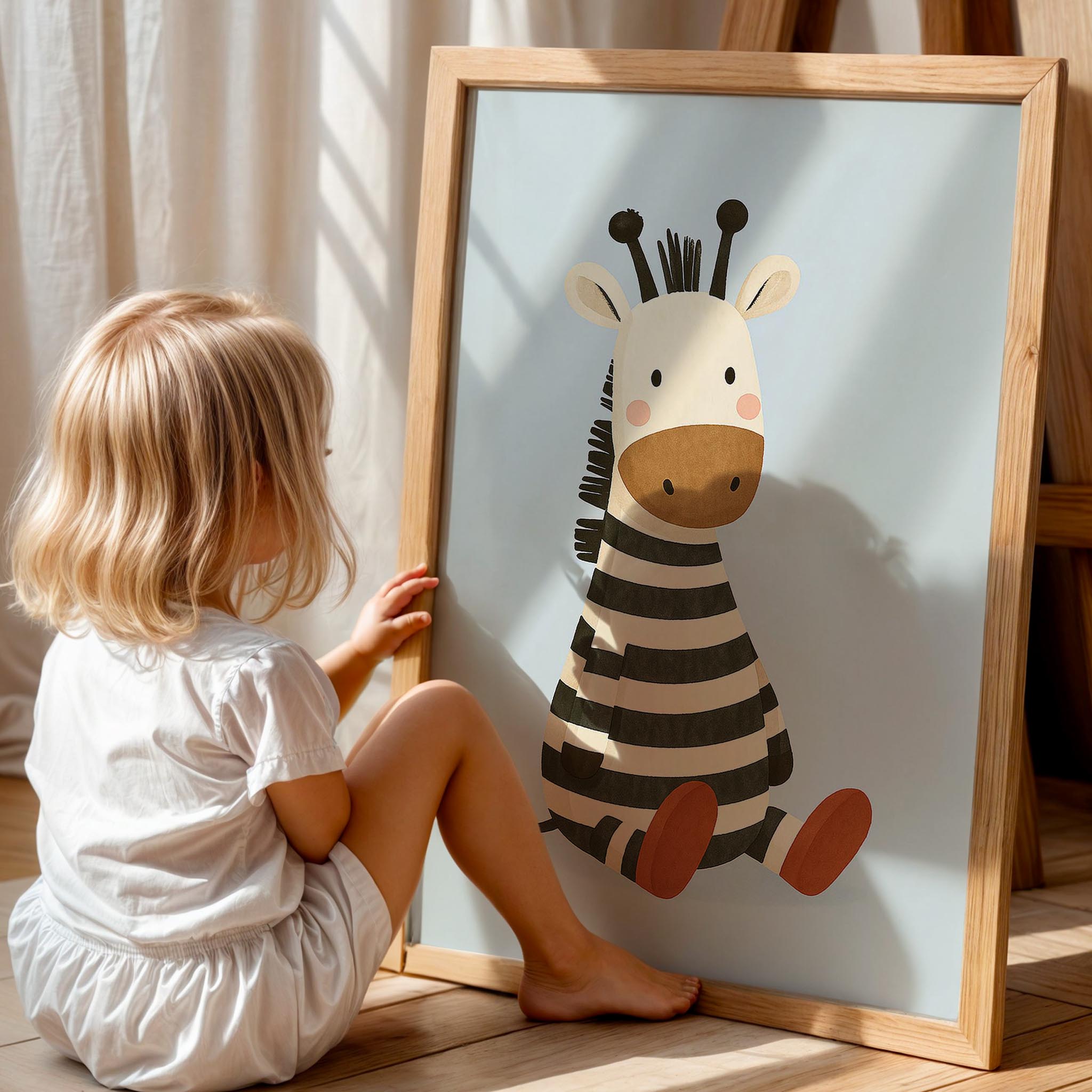 Sevimli Zebra Mavi Fonlu Hayvan Temalı Erkek Çocuk Odası Ahşap Tablo