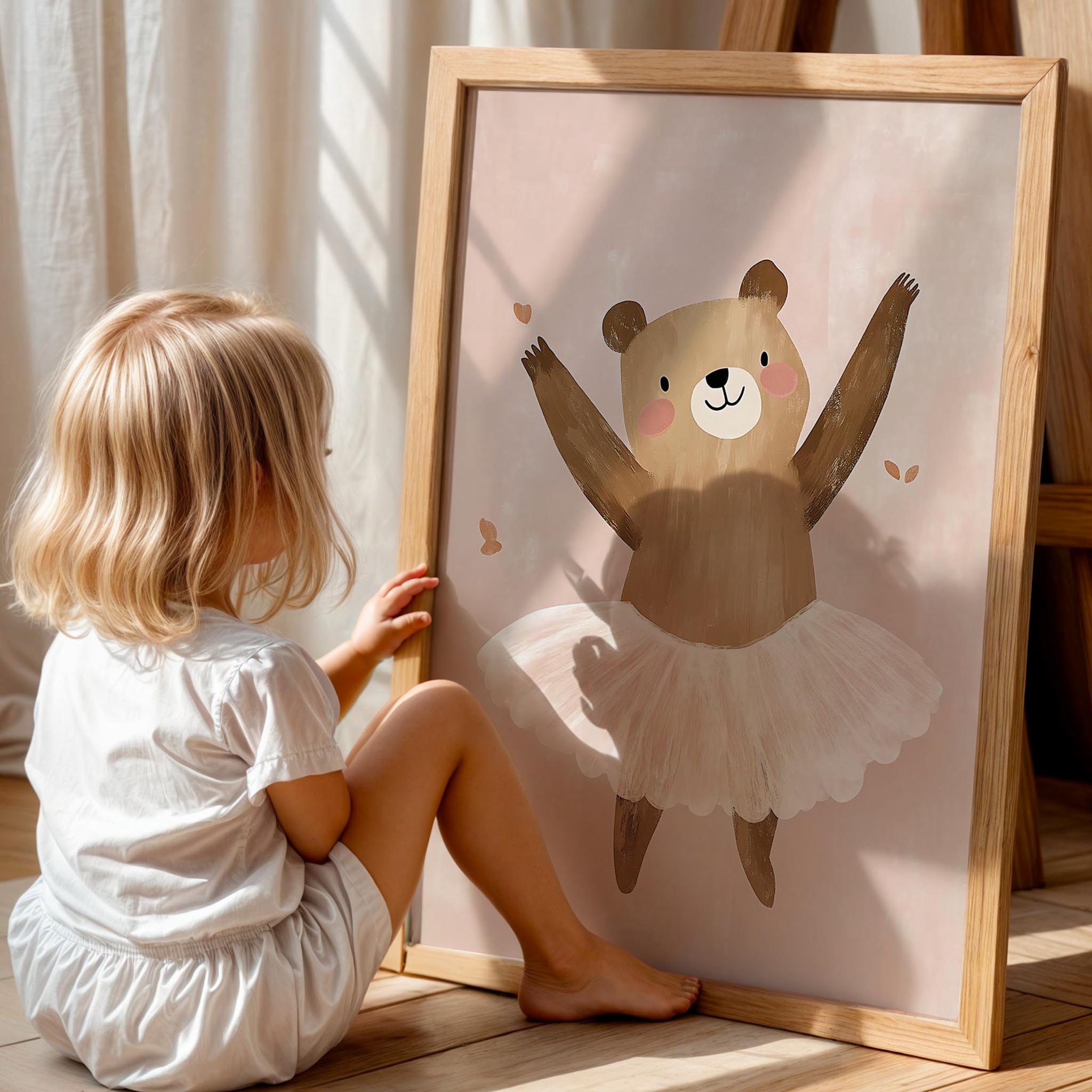 Sevimli Balerin Ayıcık Pembe Fonlu Kız Çocuk Odası Ahşap Tablo II