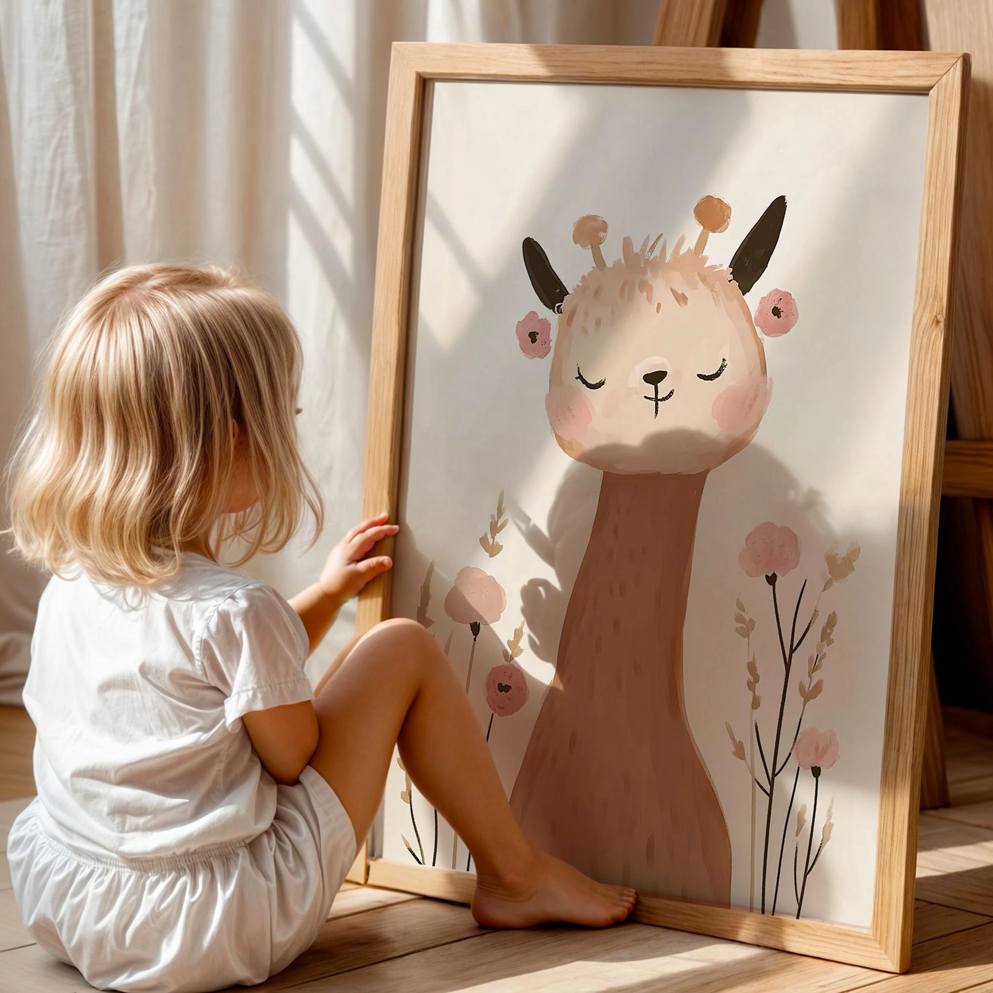 Bohem Çiçek Taçlı Lama Kız Çocuk Odası Ahşap Tablo