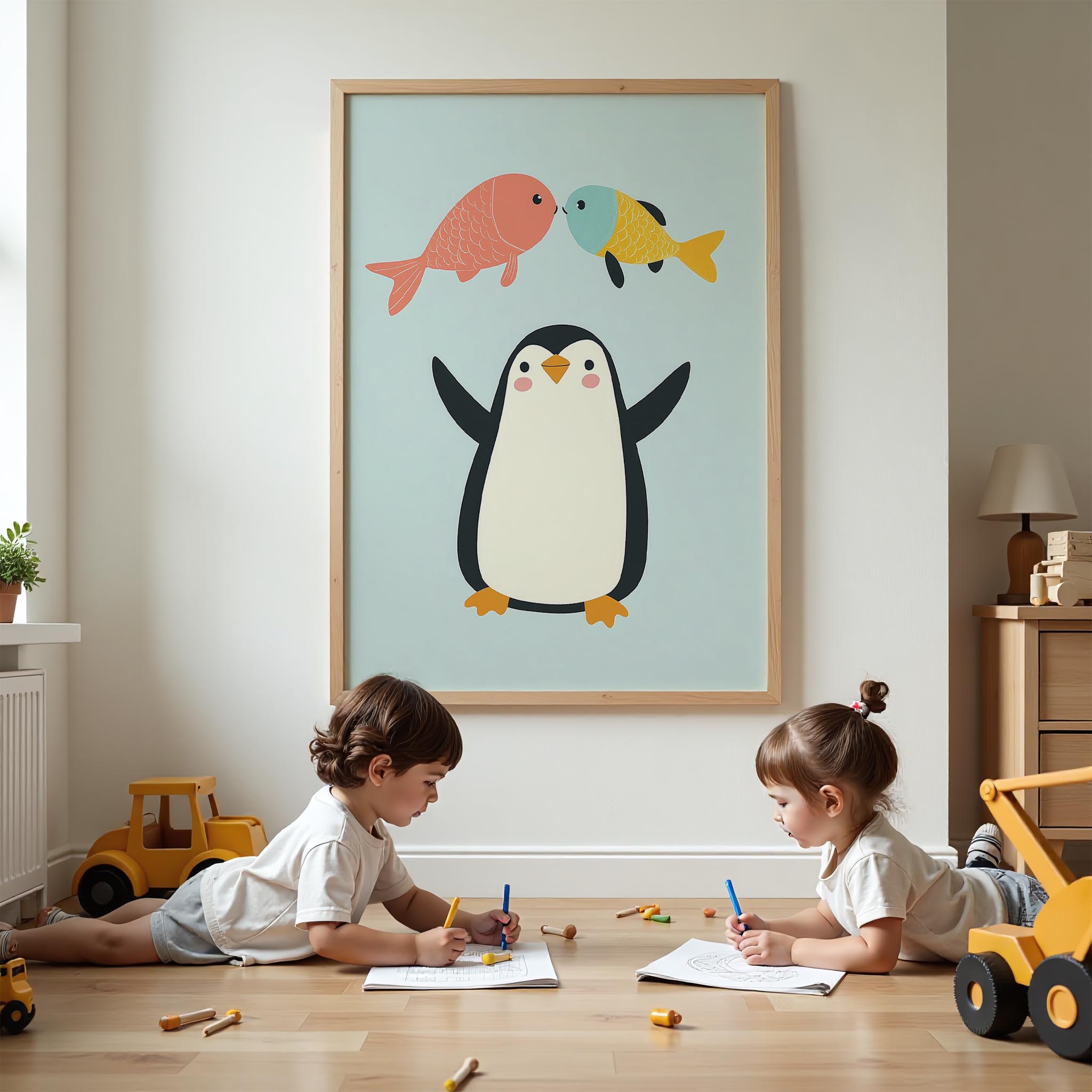 Balıklar ve Penguen - Mavi Fon