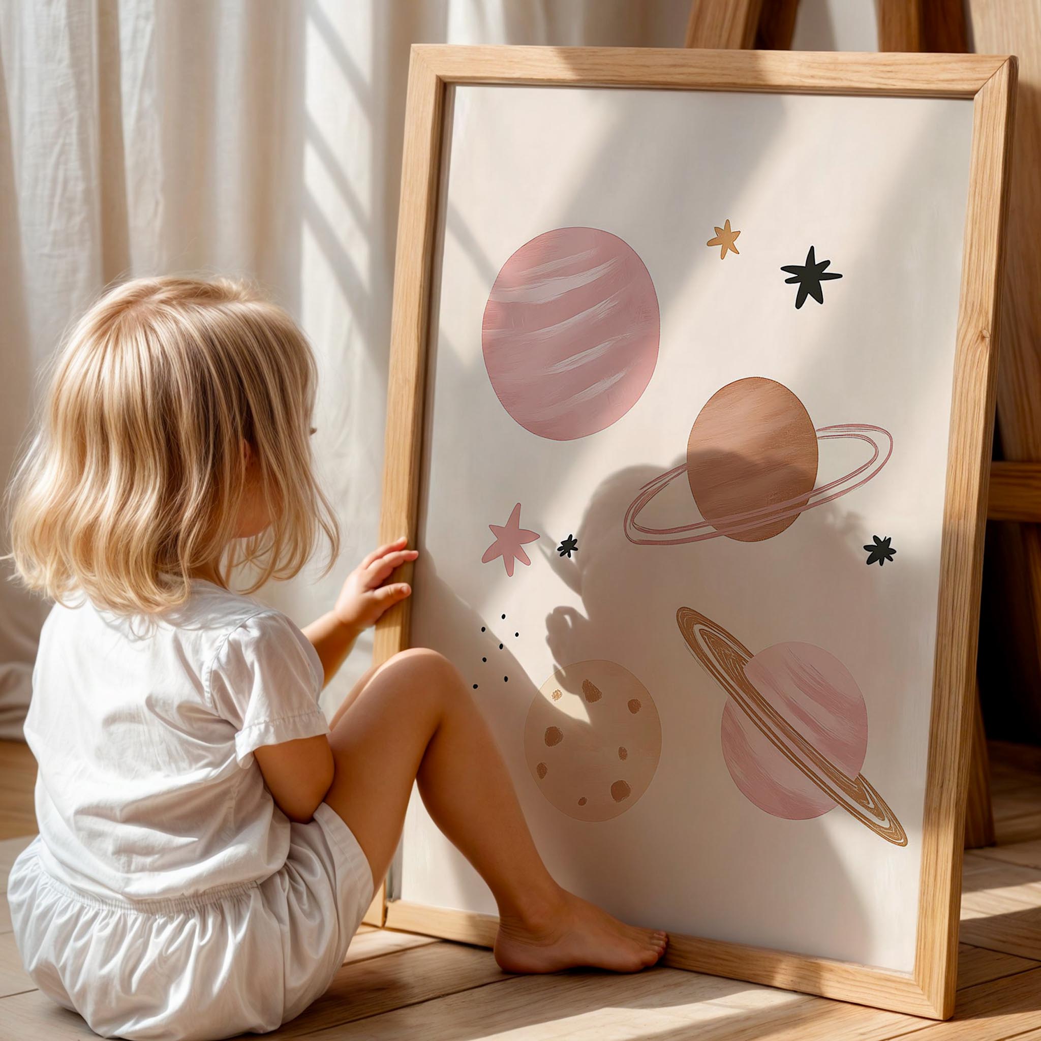 Pembe Gezegenler Uzay Temalı Bohem Kız Çocuk Odası Ahşap Tablo