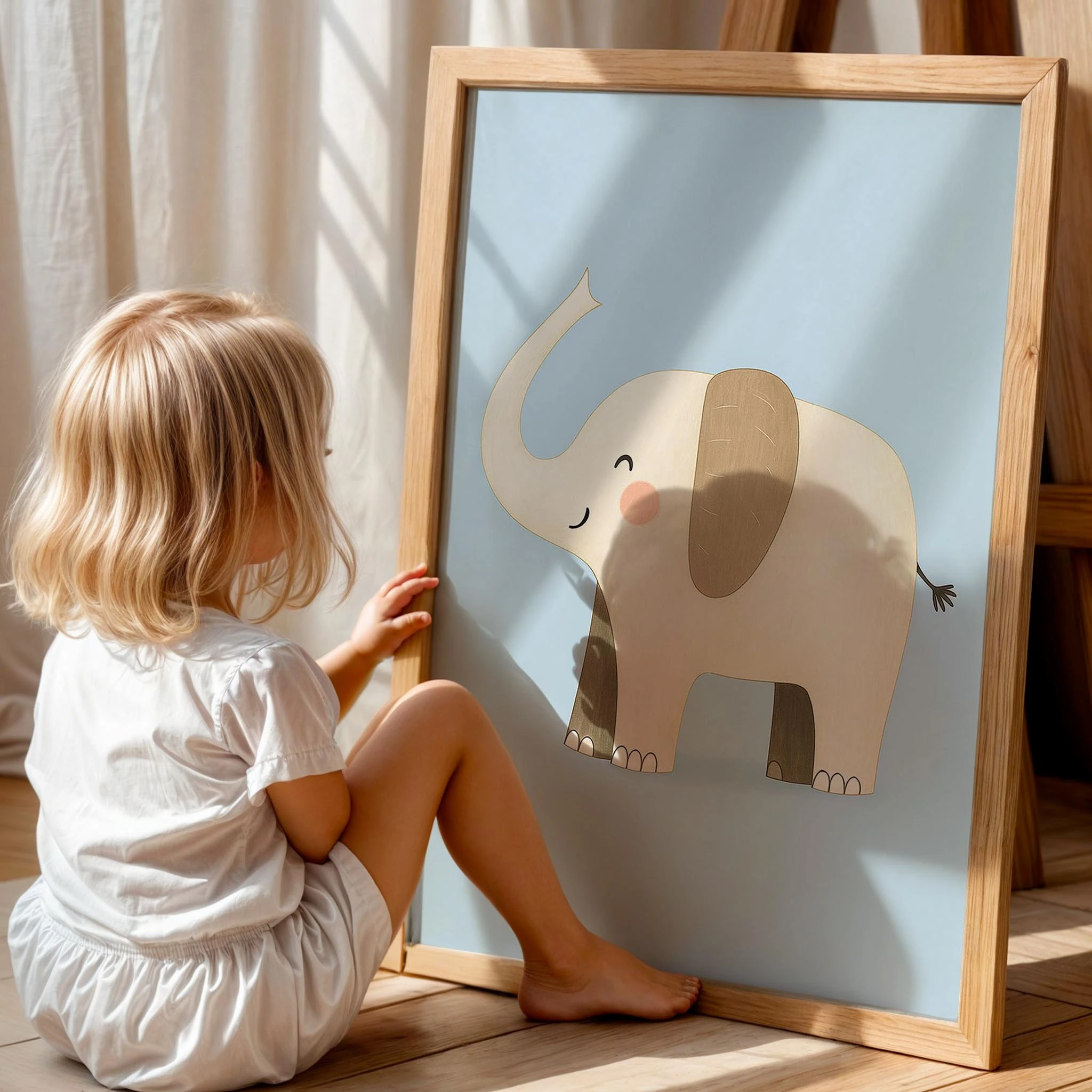 Sevimli Fil Mavi Fon Hayvan Temalı Çocuk Odası Ahşap Tablo II