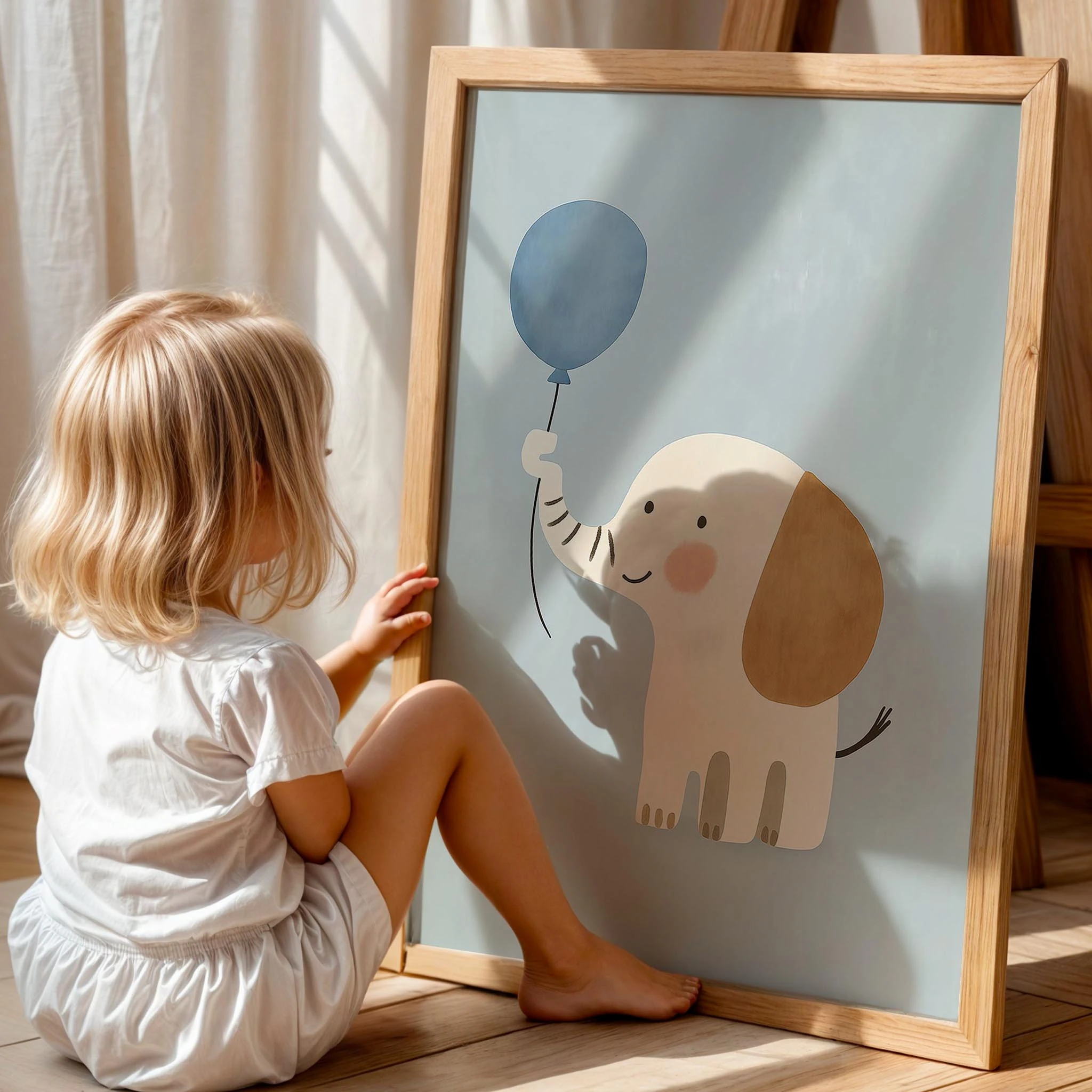 Sevimli Fil ve Balon Mavi Fonlu Çocuk Odası Ahşap Tablo