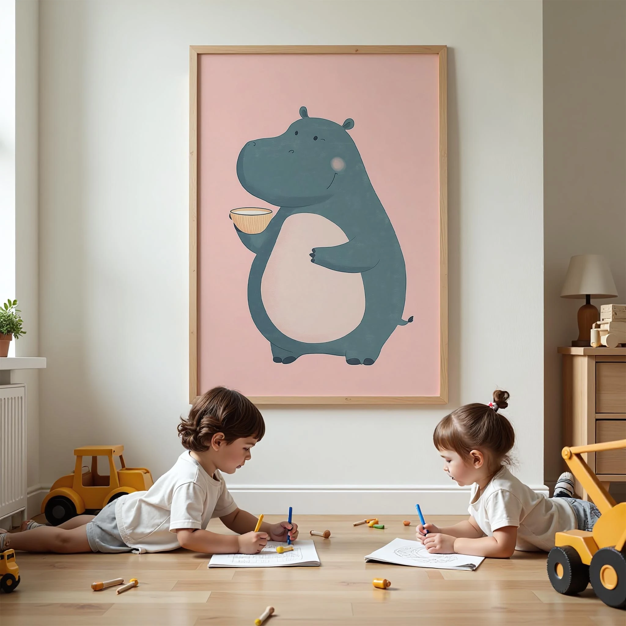 Süt Seven Su Aygırı - Pembe Fon