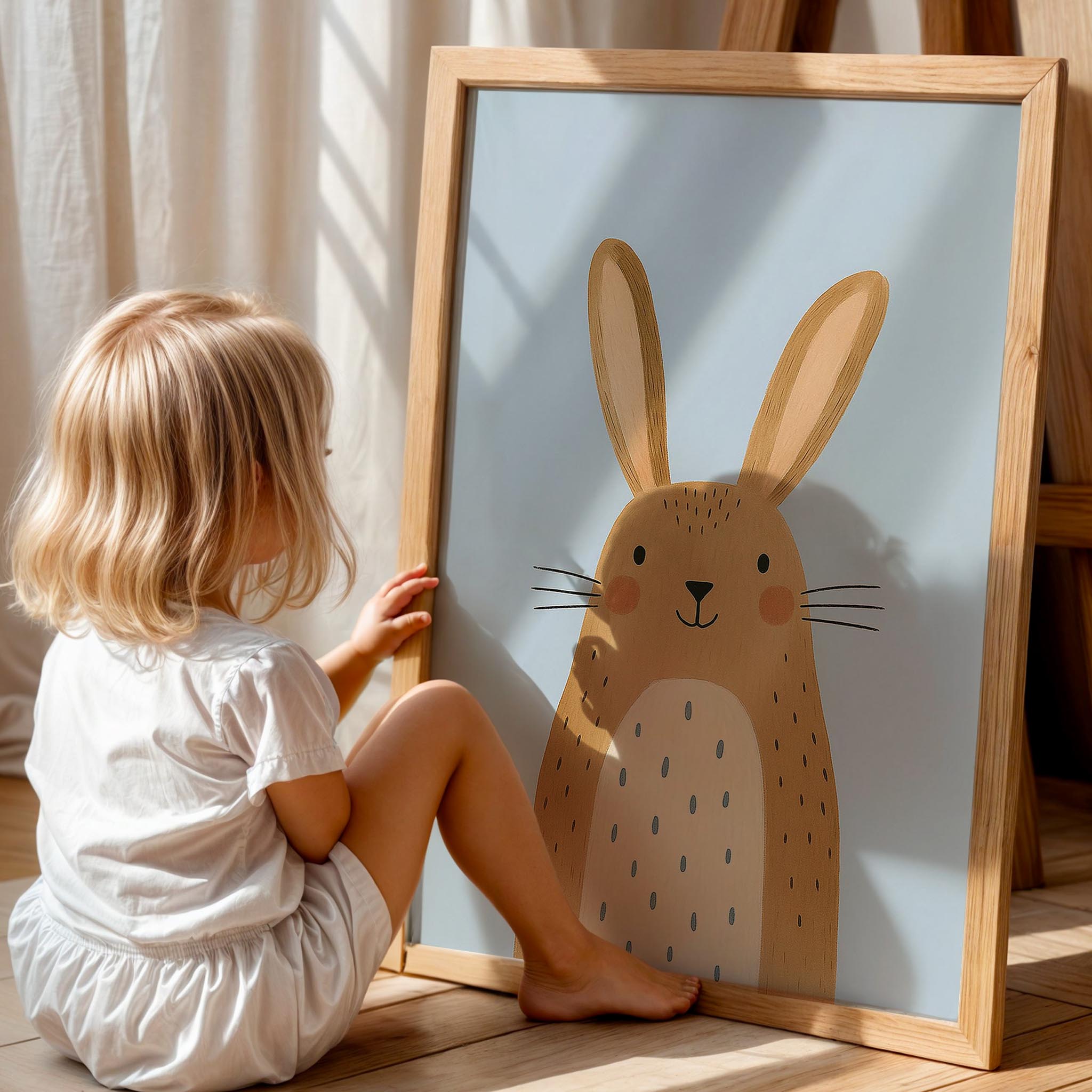 Sevimli Tavşan Mavi Fonlu Erkek Çocuk Odası Ahşap Tablo