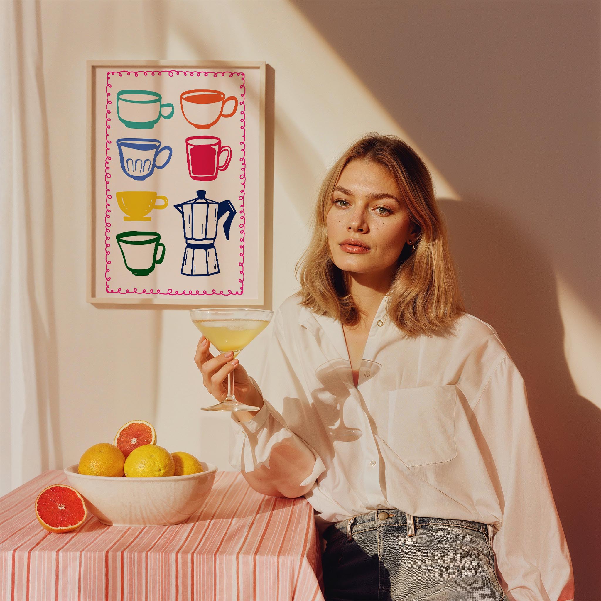 Kahve Kupaları ve Moka Pot Renkli Minimal Çizimler Mutfak Duvar Tablosu