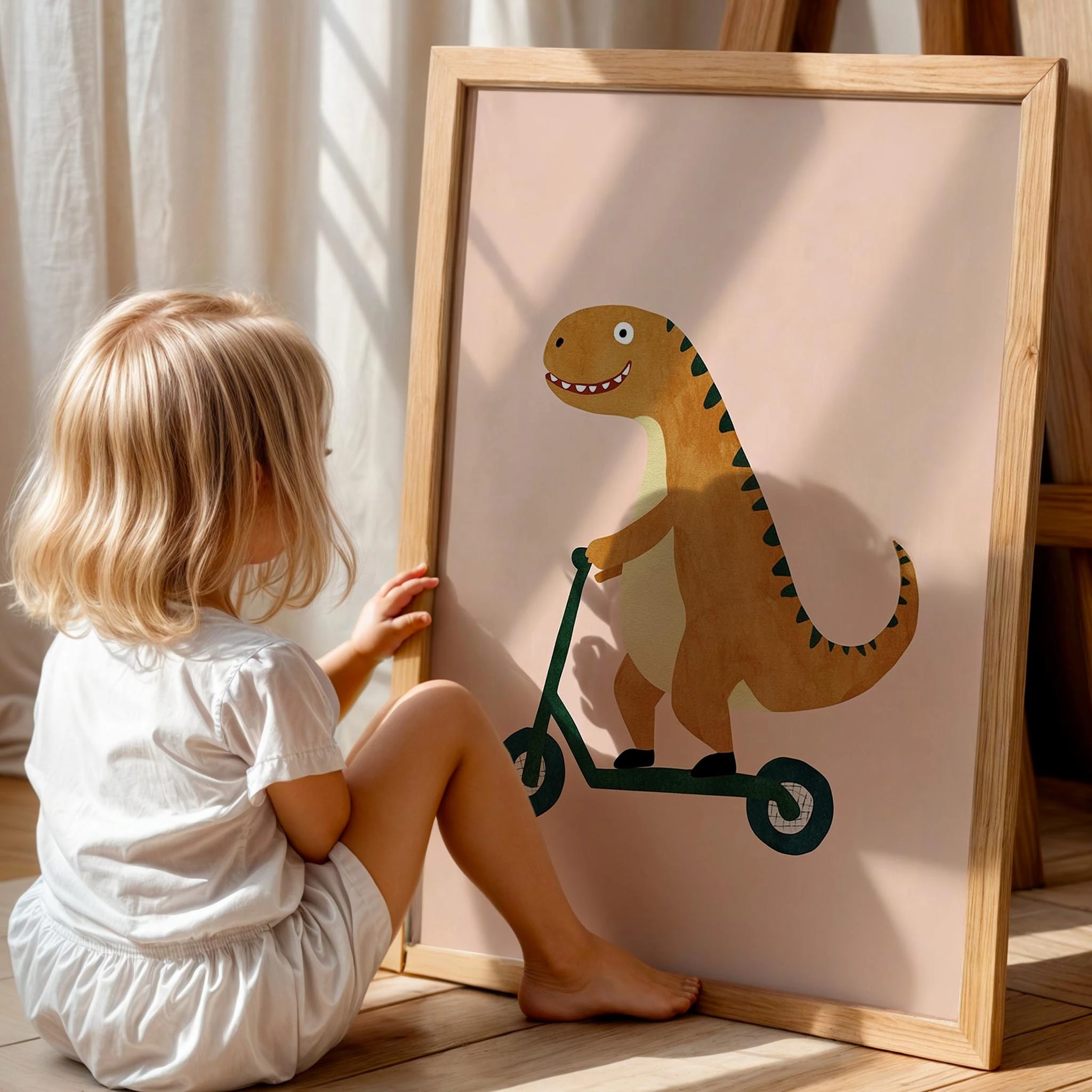 Scooter Süren Dinozor Temalı Pudra Fonlu Çocuk Odası Ahşap Tablo