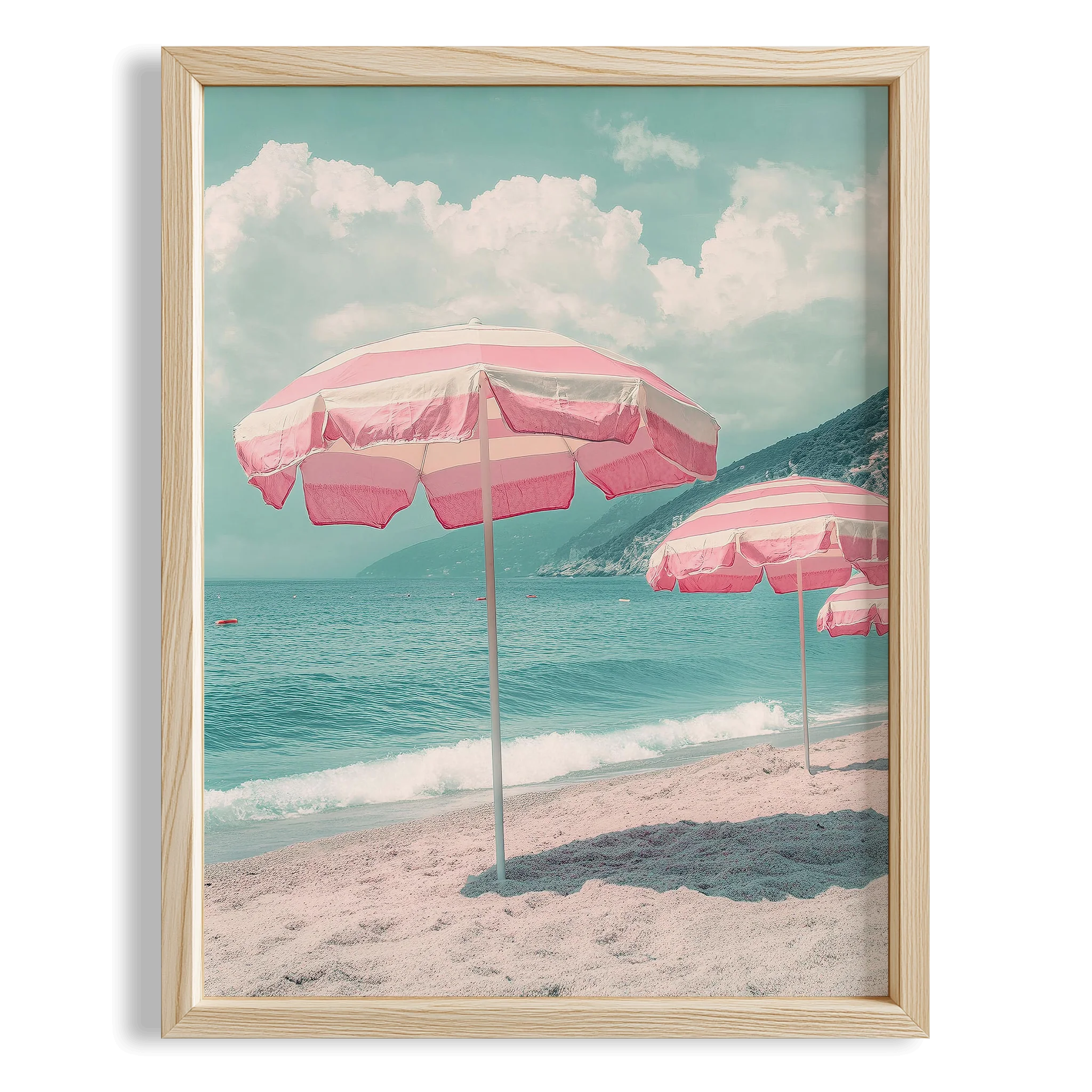 Sahilde Pembe Şemsiye Maximalist - Duvar Tablosu