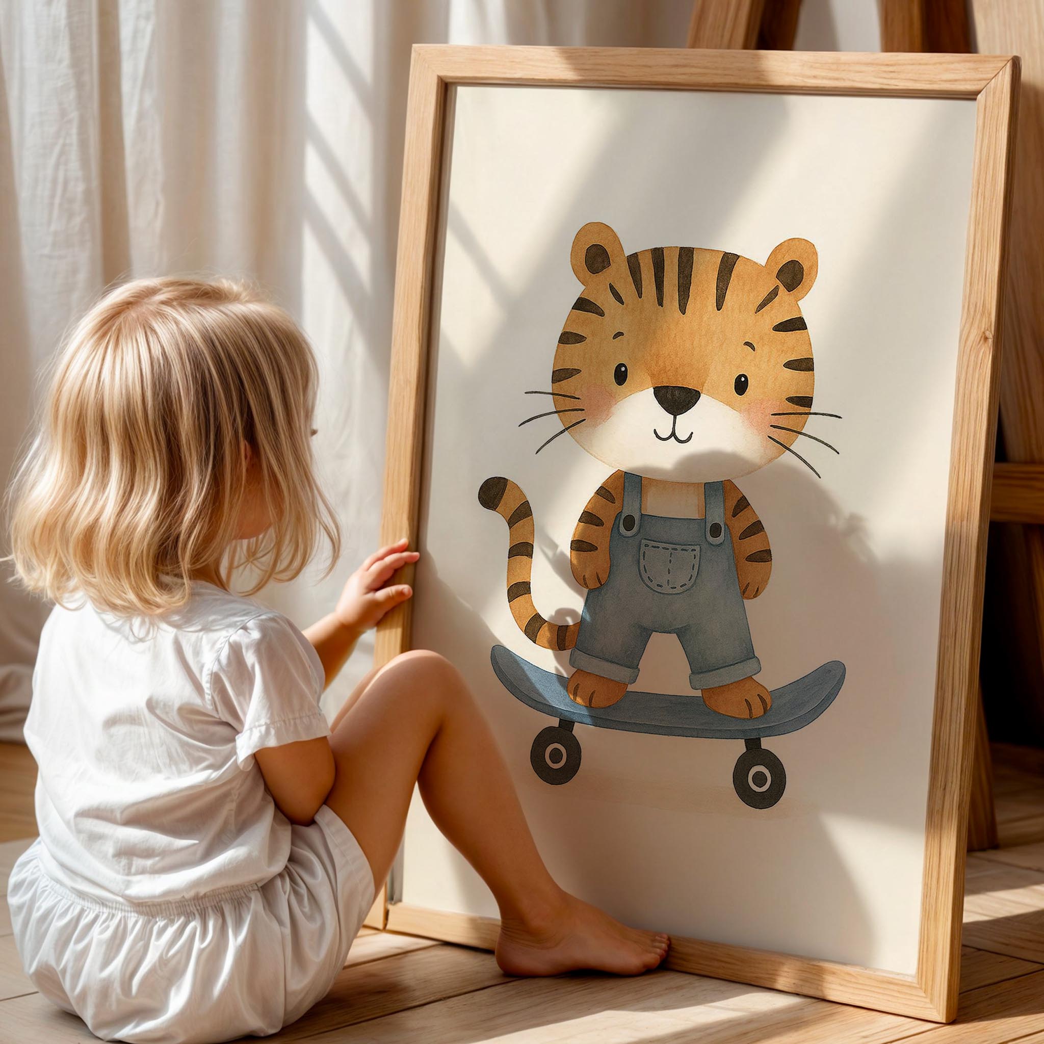 Kaykay Süren Kaplan Minimalist Erkek Çocuk Odası Ahşap Tablo II