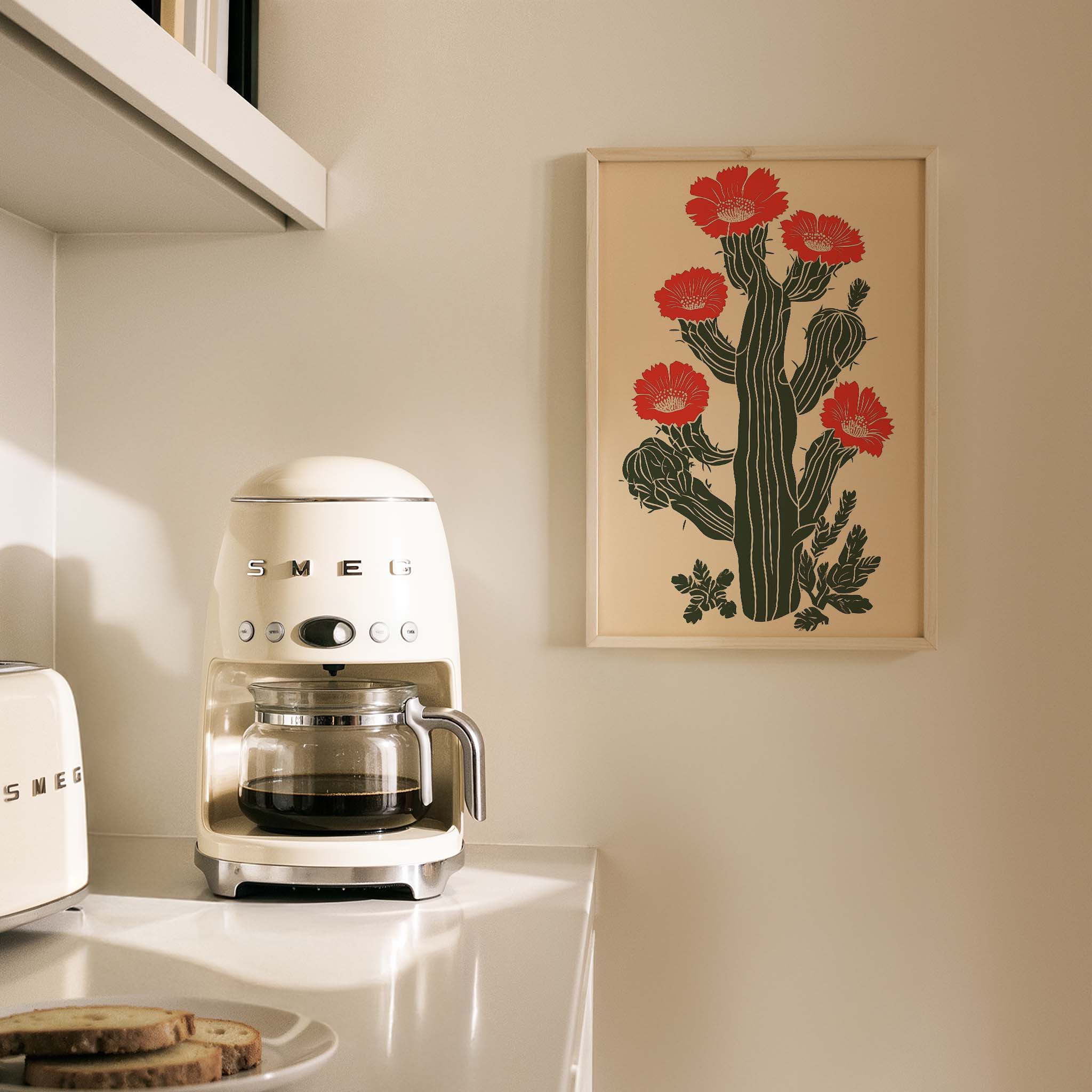 Kırmızı Çiçekli Kaktüs Retro Tarz - Duvar Tablosu