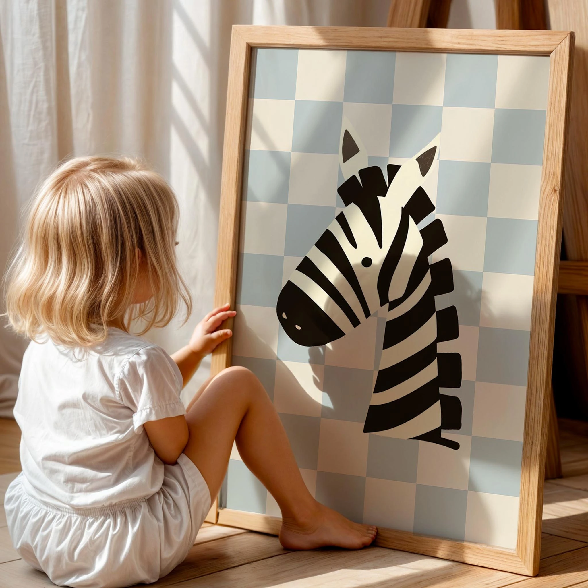 Zebra Sevimli Safari Hayvanları Açık Mavi Kareli Fonlu Çocuk Odası Ahşap Tablo