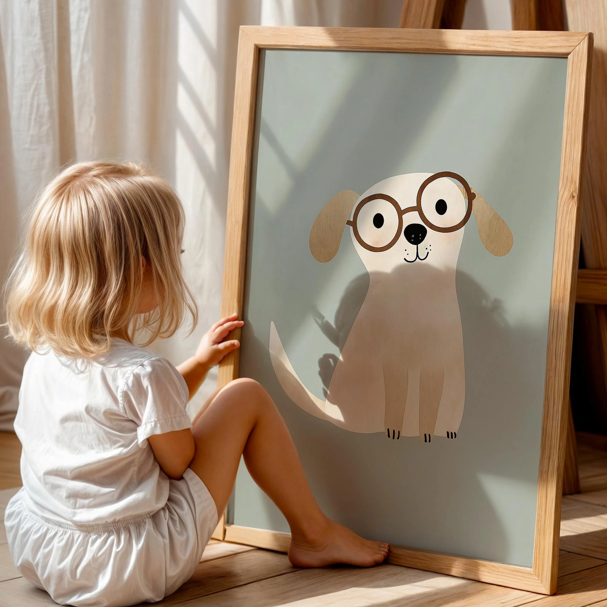 Sevimli Köpek Arkadaşım Su Yeşili Fonlu Erkek Çocuk Odası Ahşap Tablo