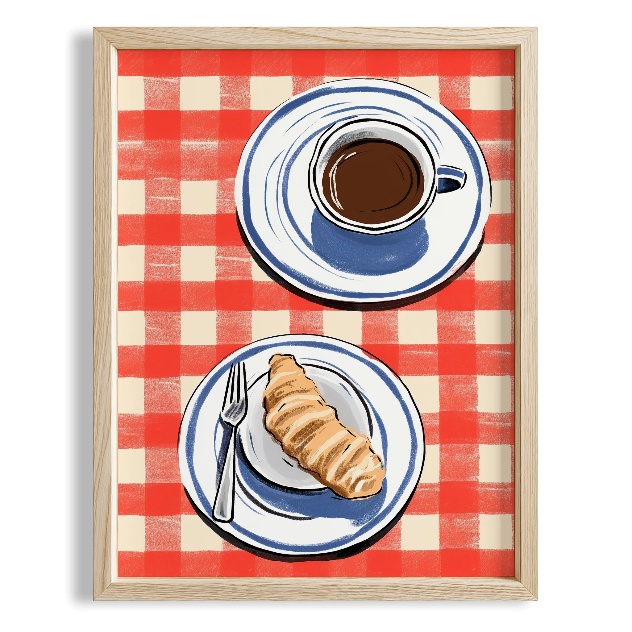 Kırmızı Kareli Masa ve Kahve-Croissant Mutfak Duvar Tablosu