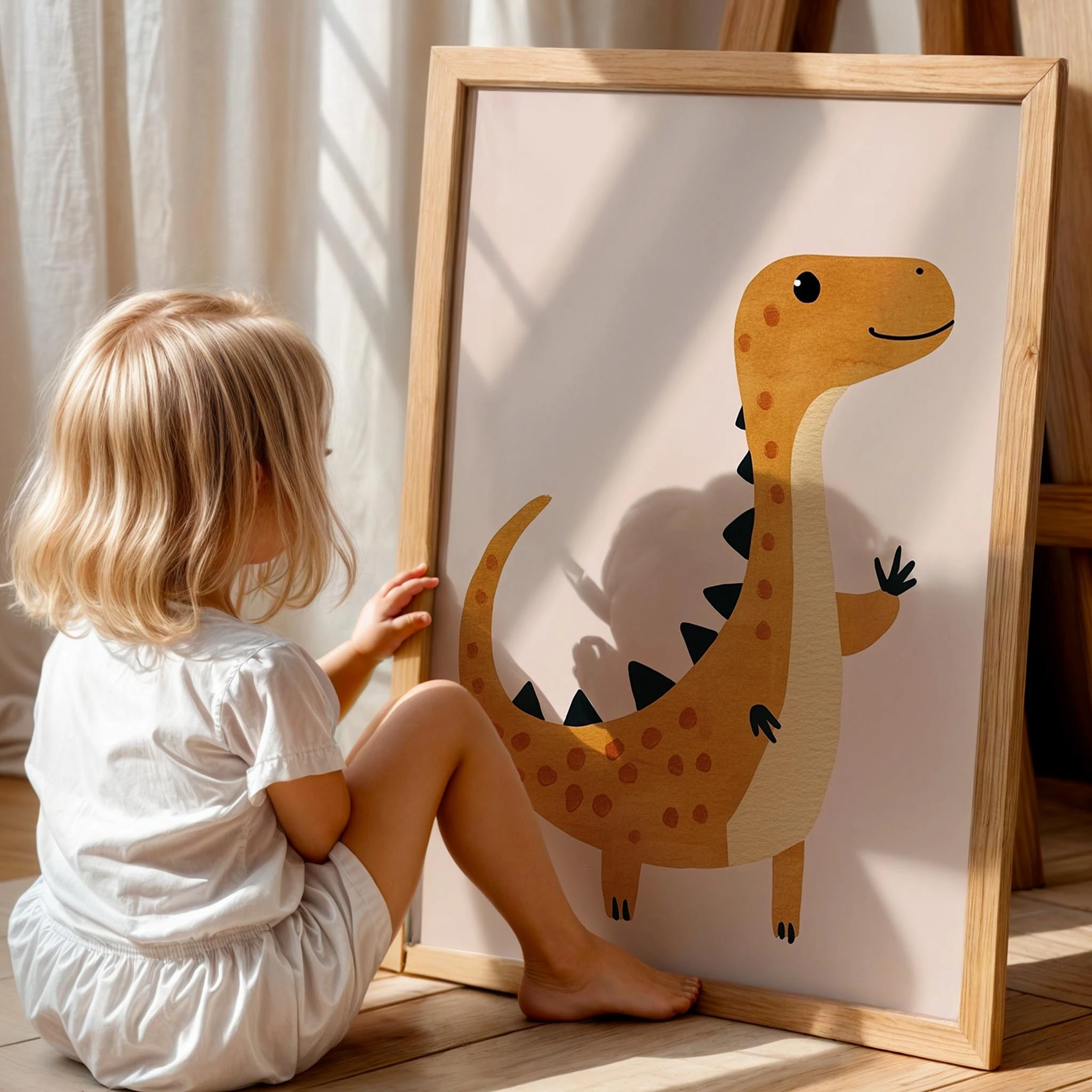 Sevimli Dinozor Temalı Pudra Fonlu Çocuk Odası Ahşap Tablo