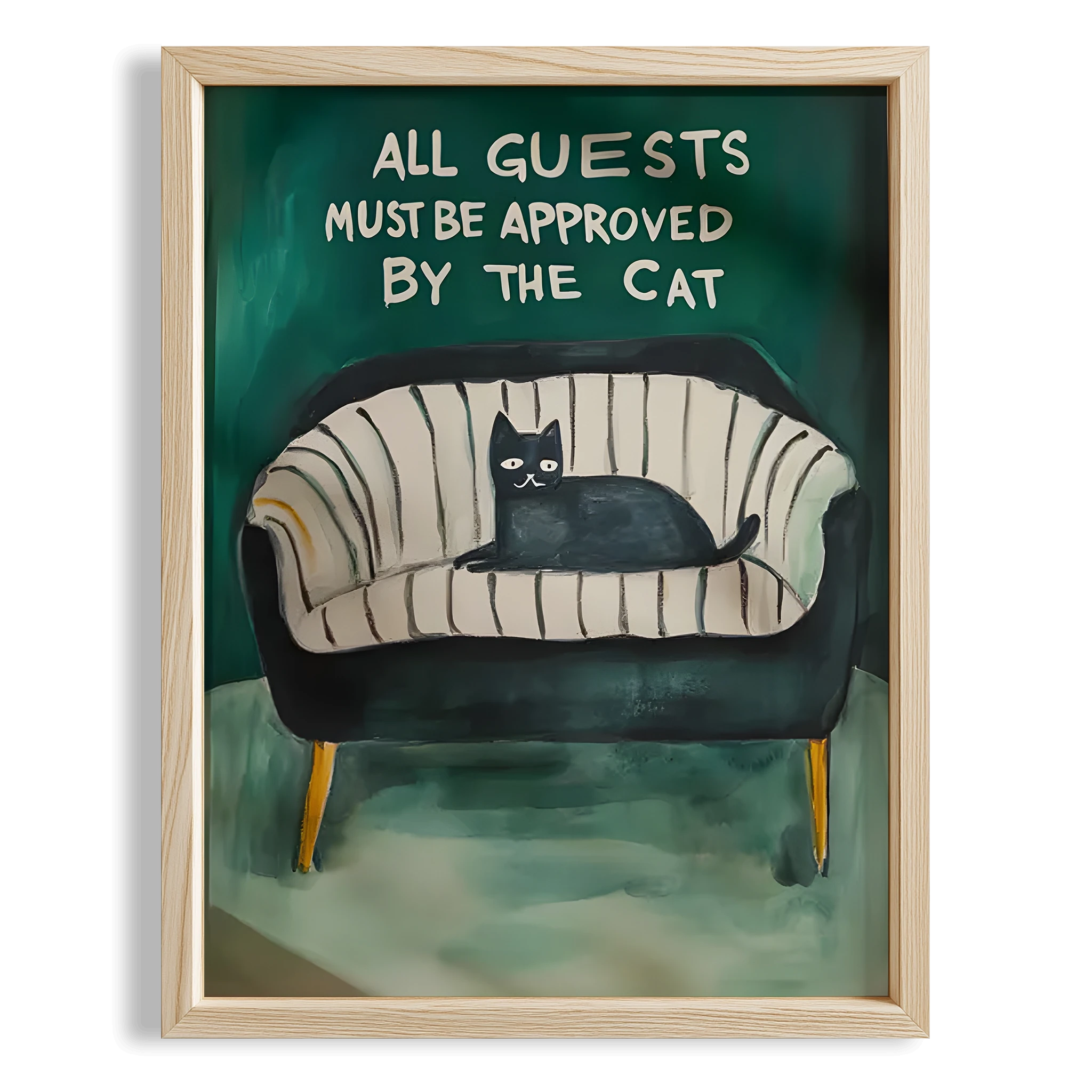 Kedi Baskı III - “All Guests Must Be Approved by the Cat” (Gri Kanepe)