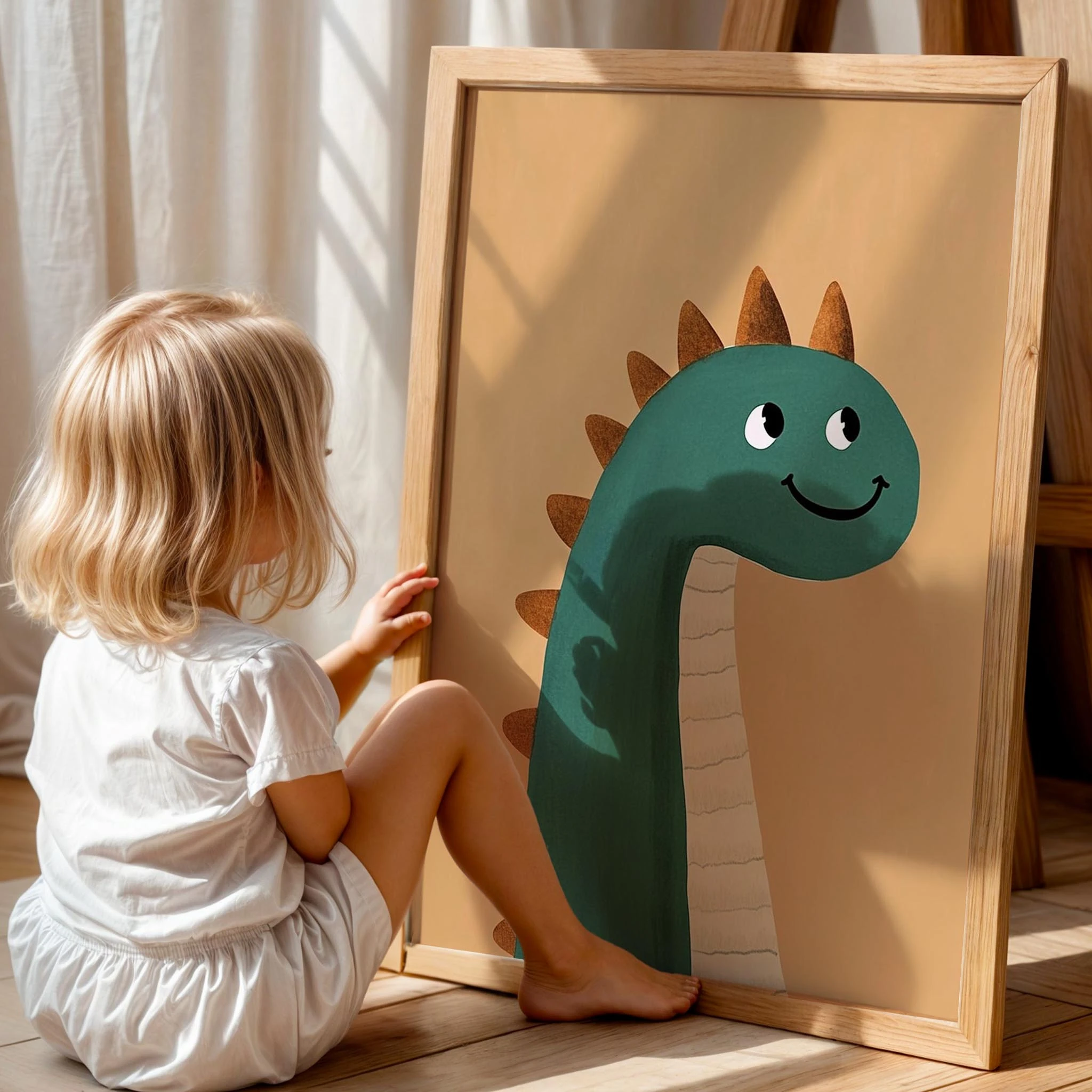 Gülen Dinozor Temalı Bej Fonlu Çocuk Odası Ahşap Tablo I