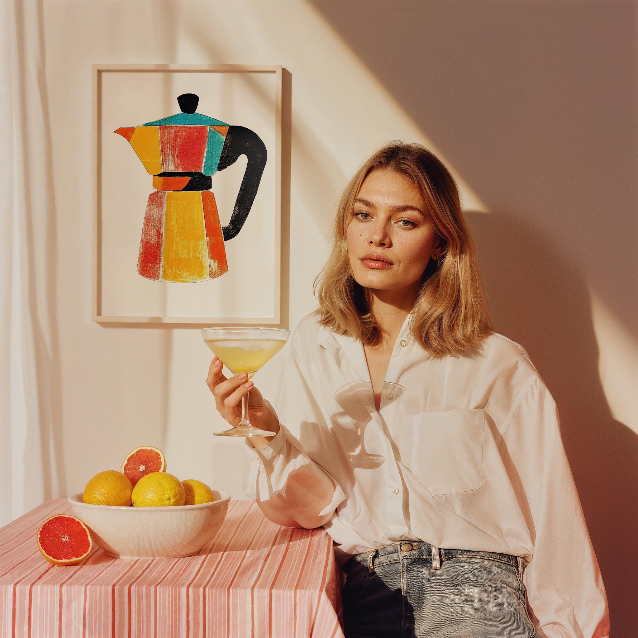 Moka Pot Kahve Renkli İllüstrasyon Mutfak Duvar Tablosu