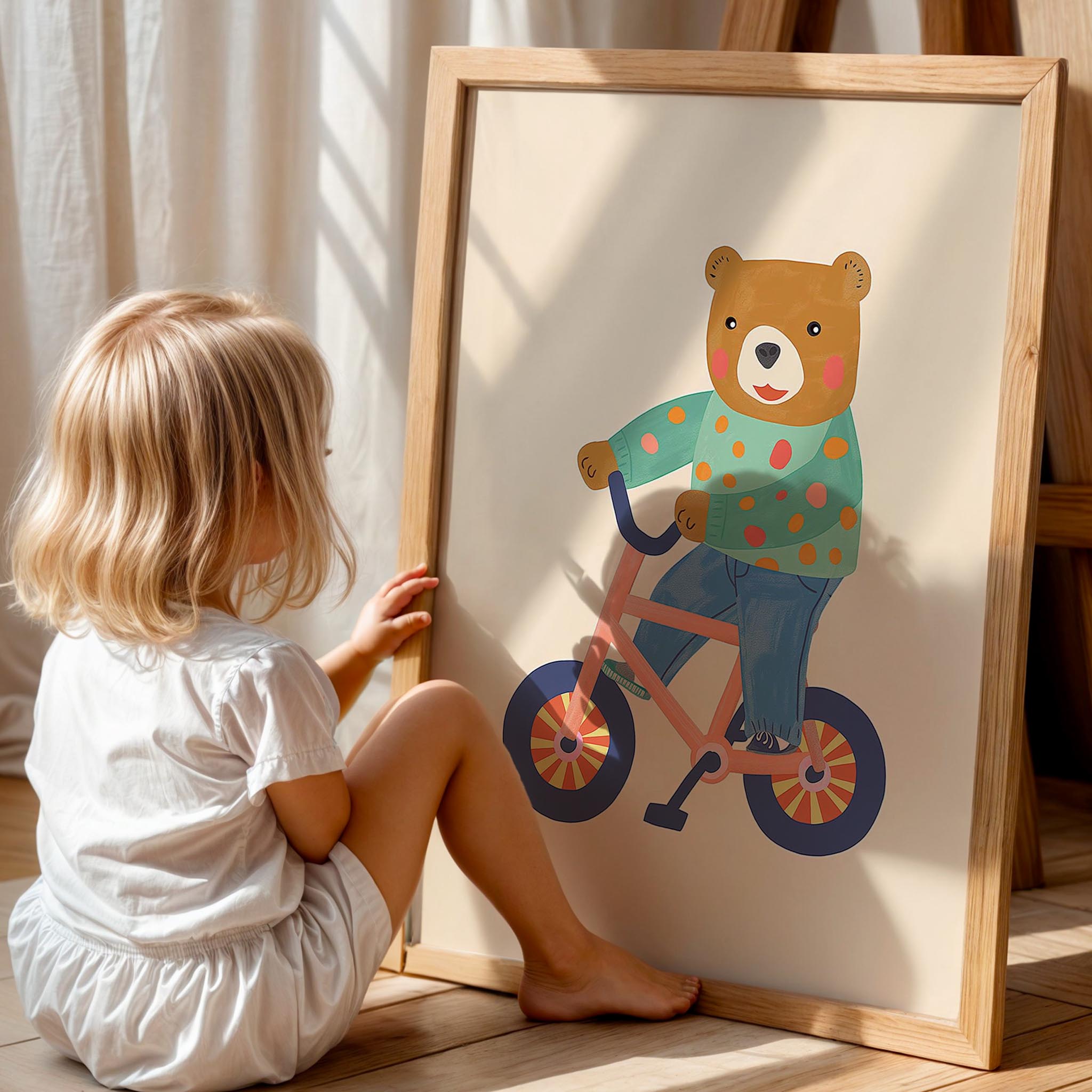 Bisikletli Ayı Eklektik Tarzda Çocuk Odası Dekorasyonu Ahşap Çerçeveli Duvar Tablosu