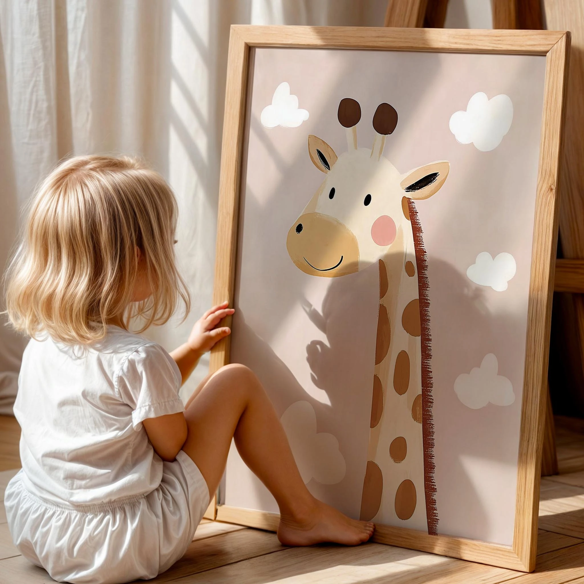 Gülümseyen Zürafa Bulutlu Bohem Kız Çocuk Odası Ahşap Tablo