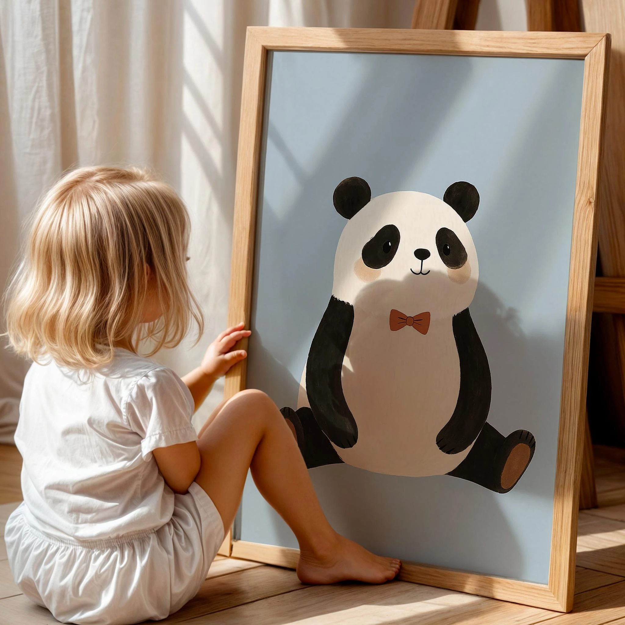 Sevimli Panda Mavi Fonlu Çocuk Odası Ahşap Tablo