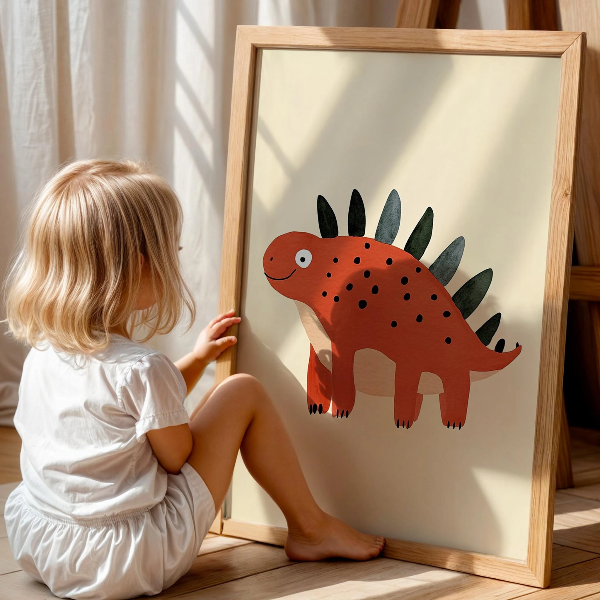 Sevimli Dinozor Temalı Krem Fonlu Çocuk Odası Ahşap Tablo