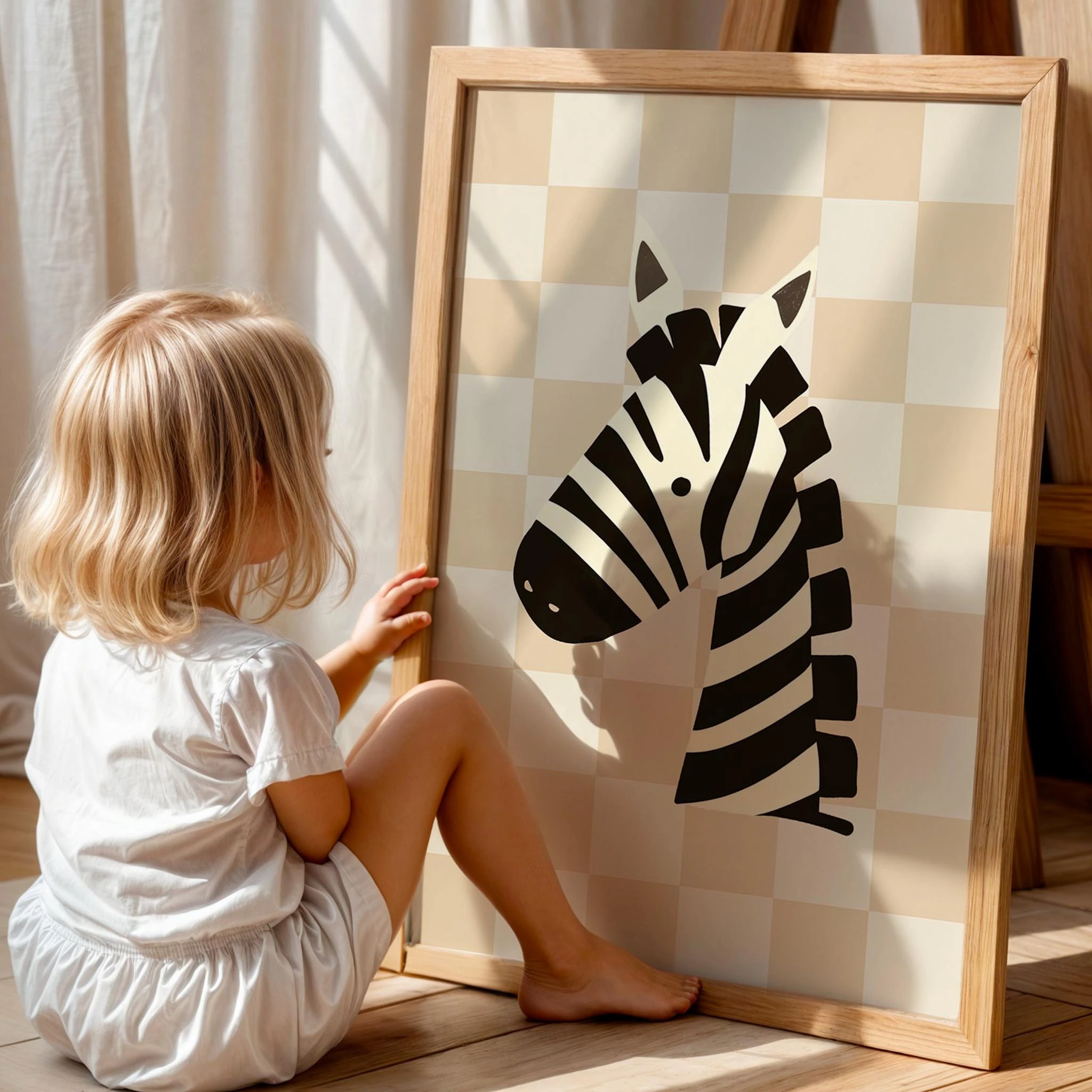 Zebra Sevimli Safari Hayvanları Krem Kareli Fonlu Çocuk Odası Ahşap Tablo