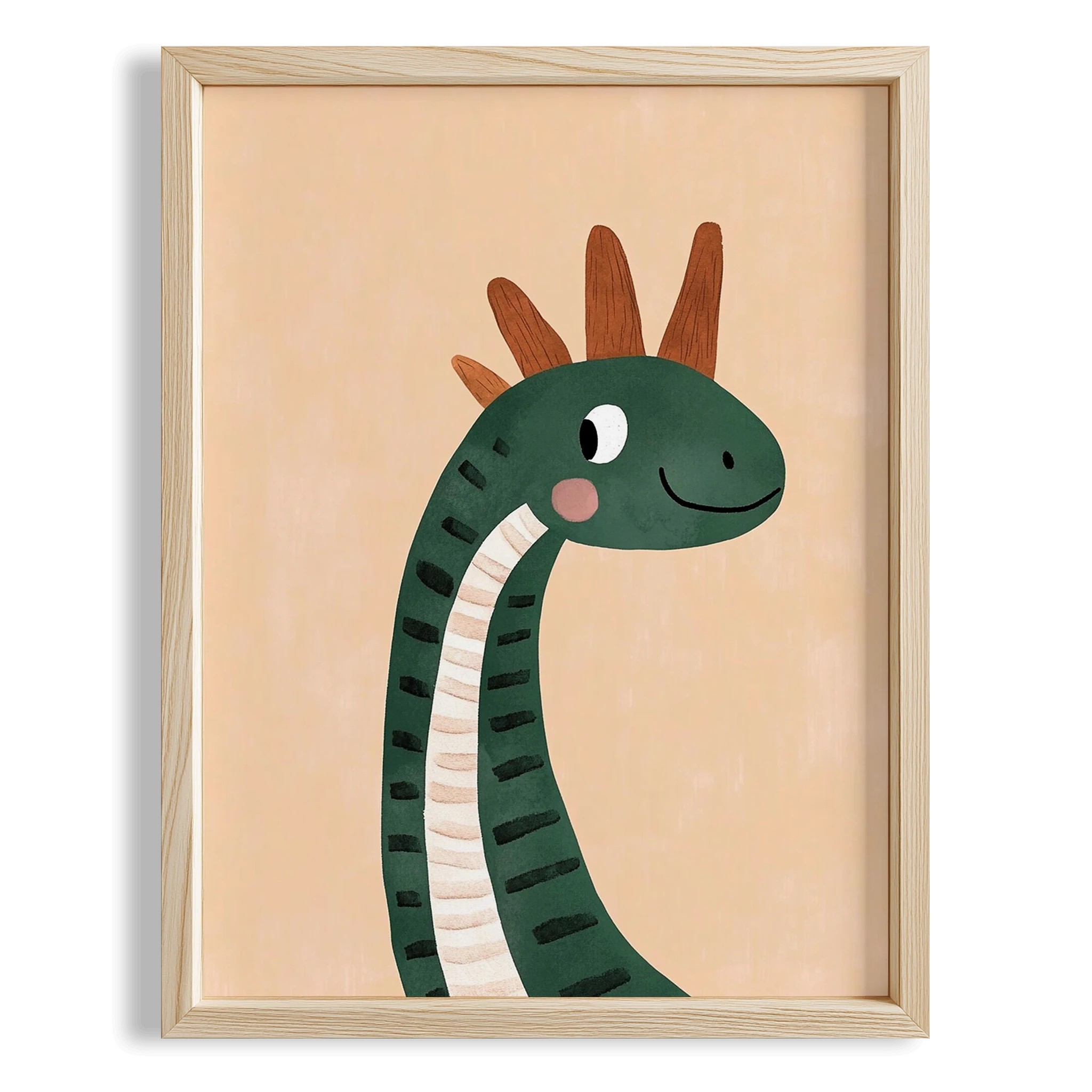 Sevimli Yeşil Dinozor Temalı Bej Fonlu Çocuk Odası Ahşap Tablo