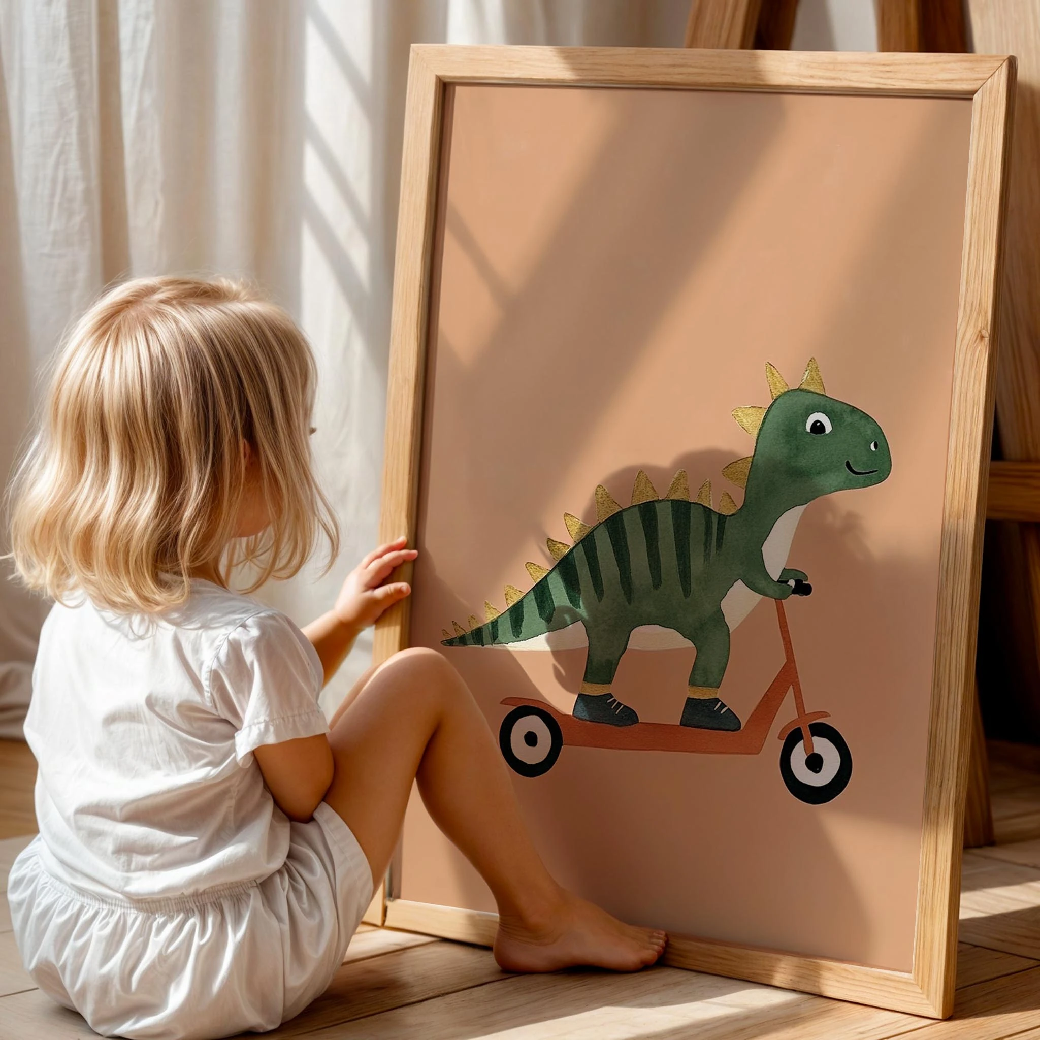 Scooter Süren Dinozor Temalı Krem Fonlu Çocuk Odası Ahşap Tablo III