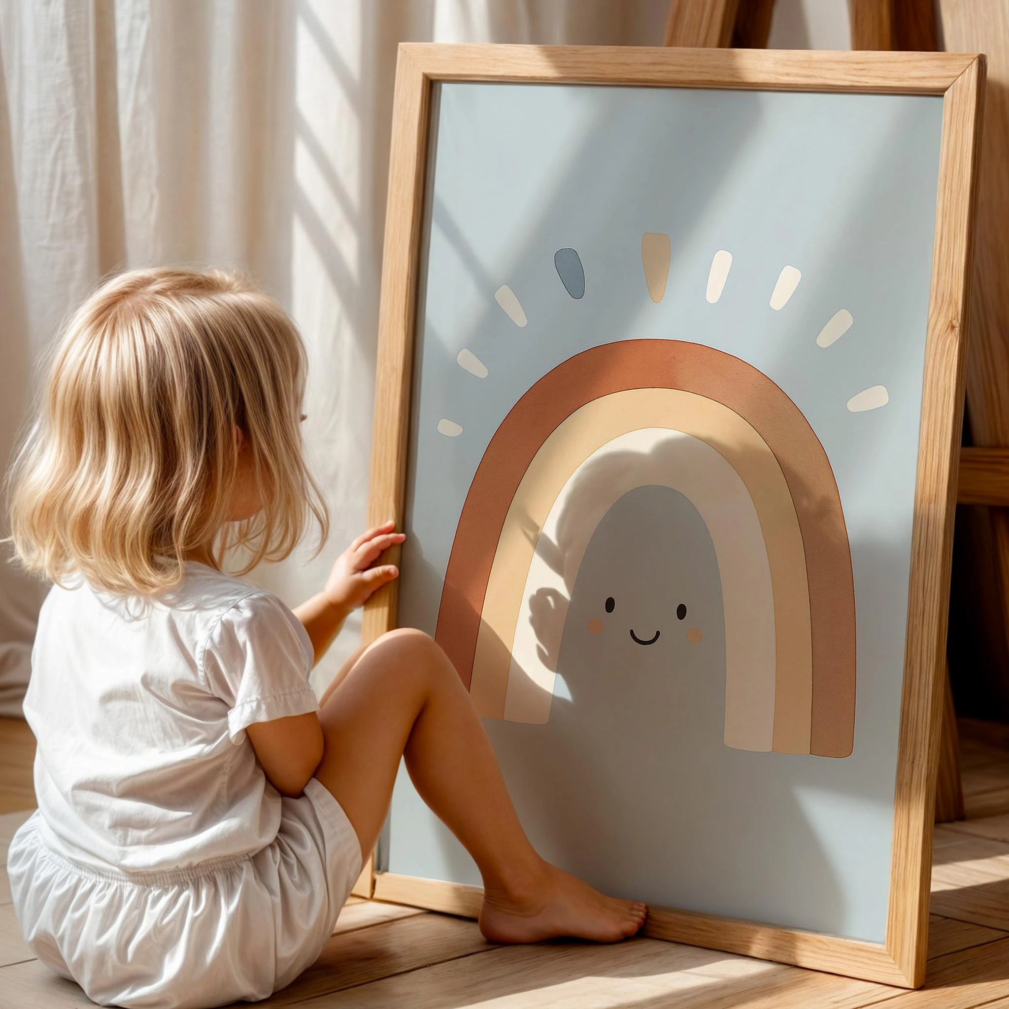 Sevimli Boho Gökkuşağı Mavi Fonlu Çocuk Odası Ahşap Tablo