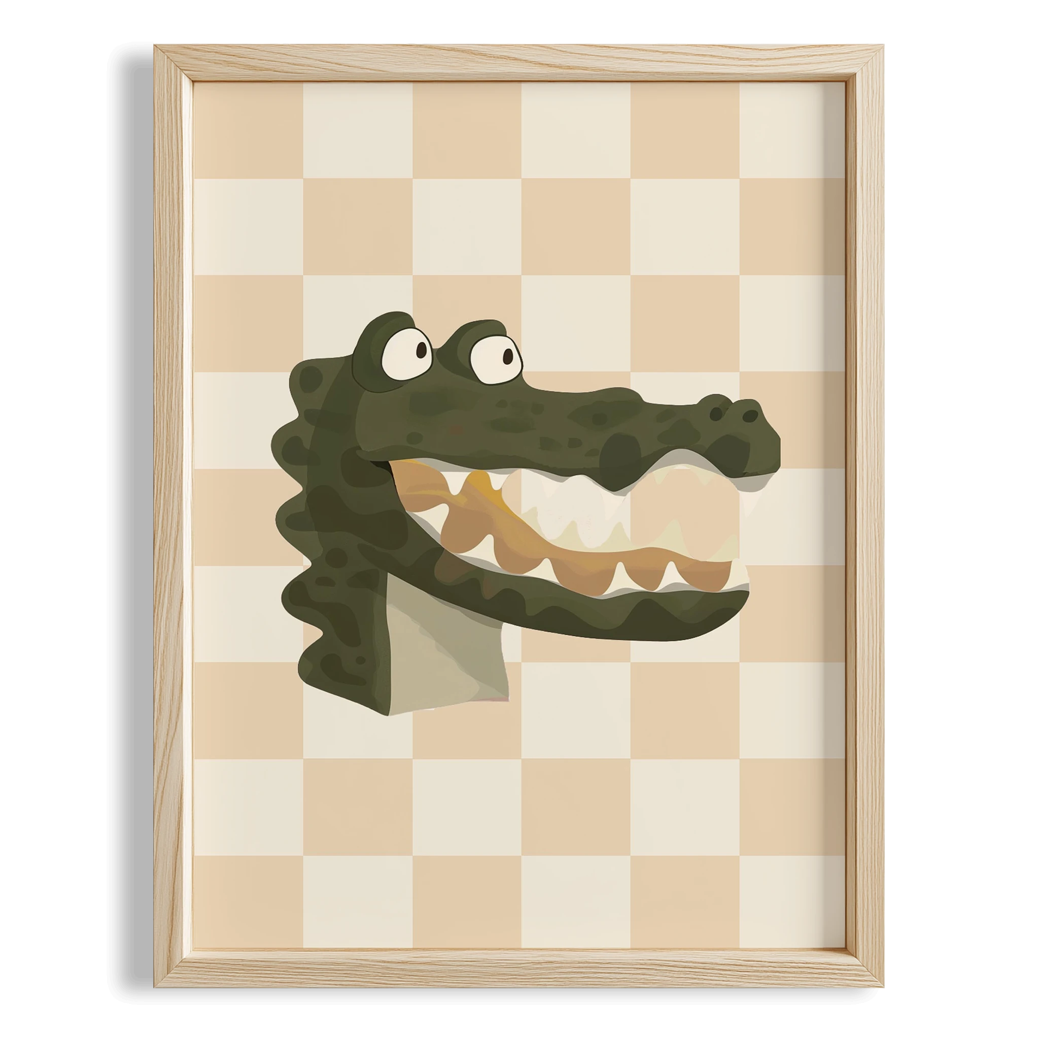 Timsah Sevimli Safari Hayvanları Krem Kareli Fonlu Çocuk Odası Ahşap Tablo