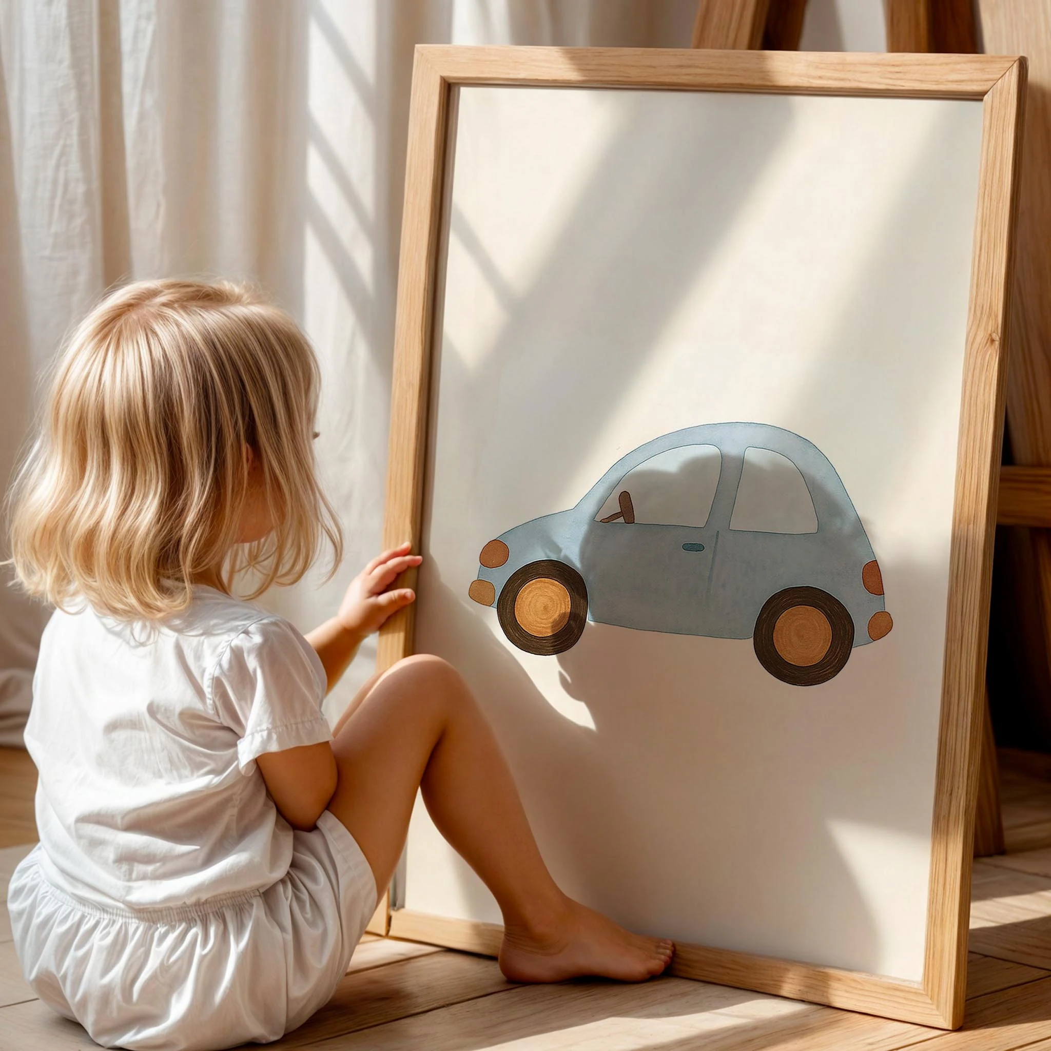 Minimalist Mavi Araba Çocuk Odası Ahşap Tablo
