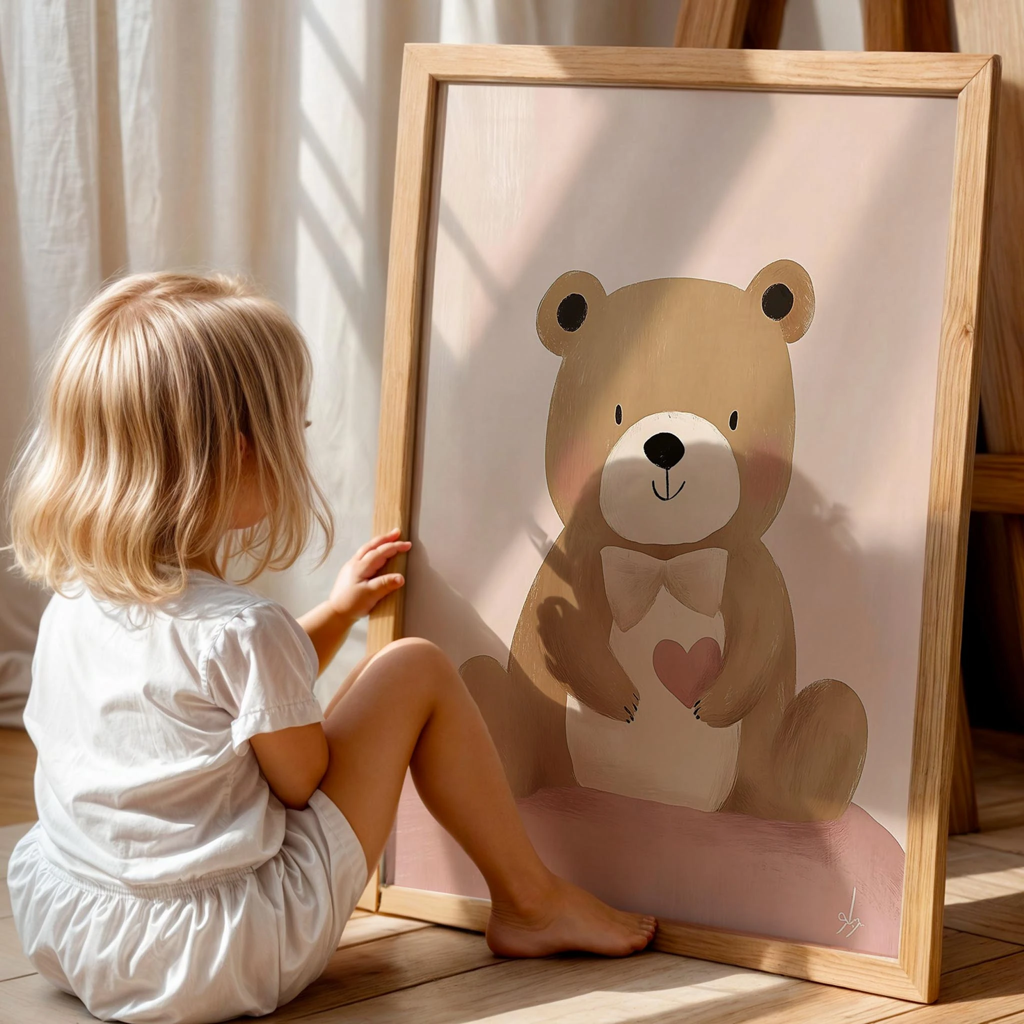 Kalp Taşıyan Ayıcık Bohem Kız Çocuk Odası Ahşap Tablo