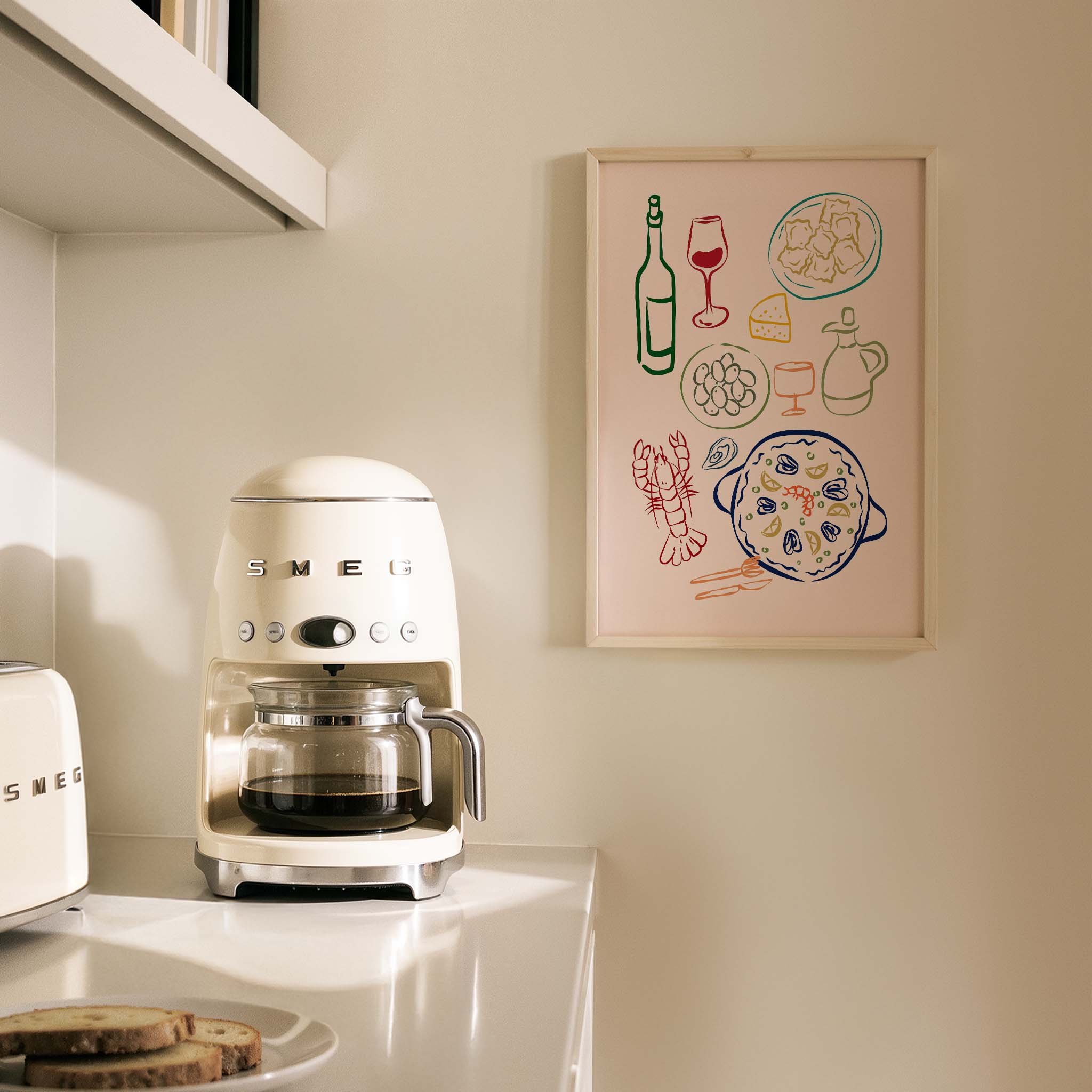 Akdeniz Sofrası Minimal Çizimler Mutfak Duvar Tablosu II