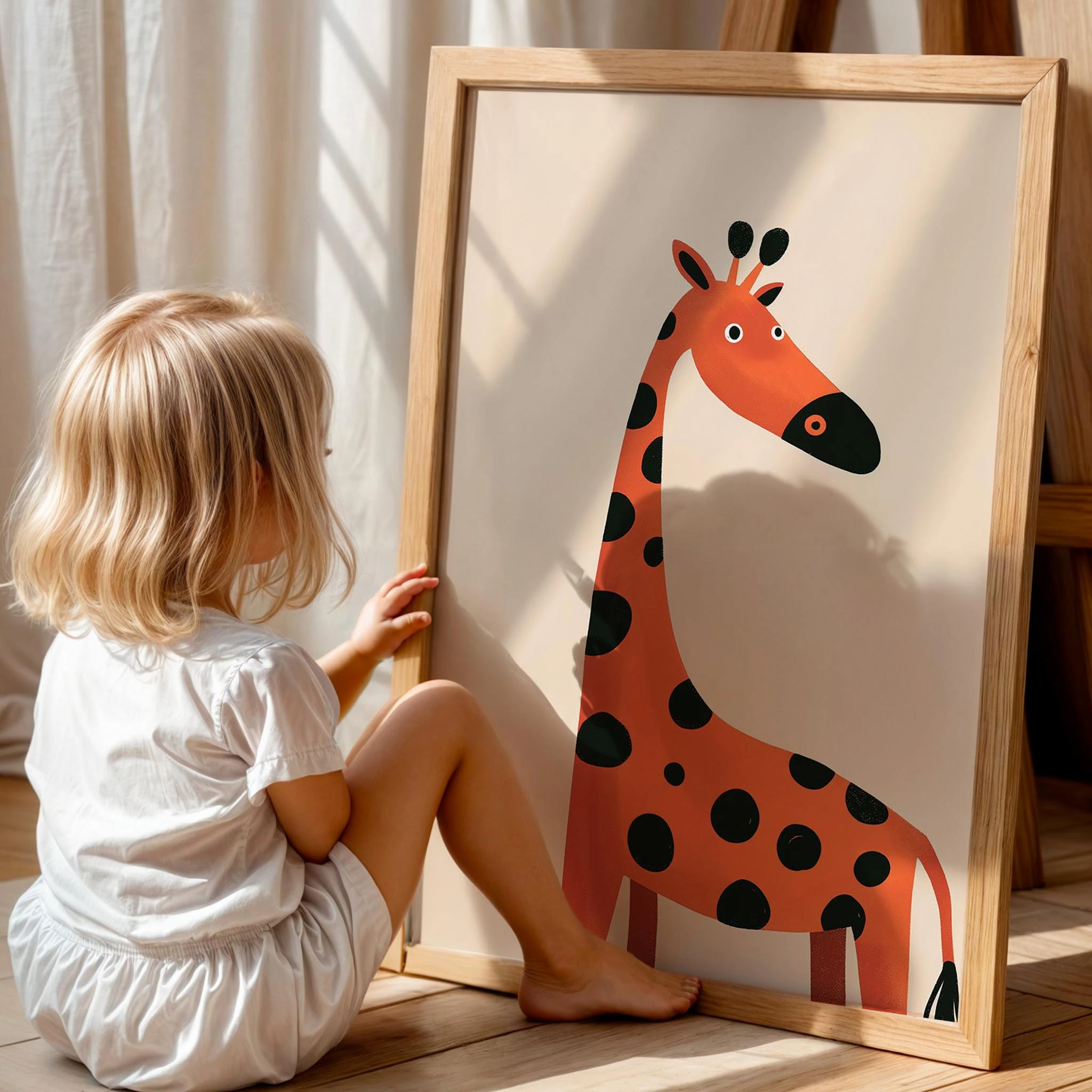 Benekli Zürafa Eklektik Tarzda Çocuk Odası Dekorasyonu Ahşap Çerçeveli Duvar Tablosu