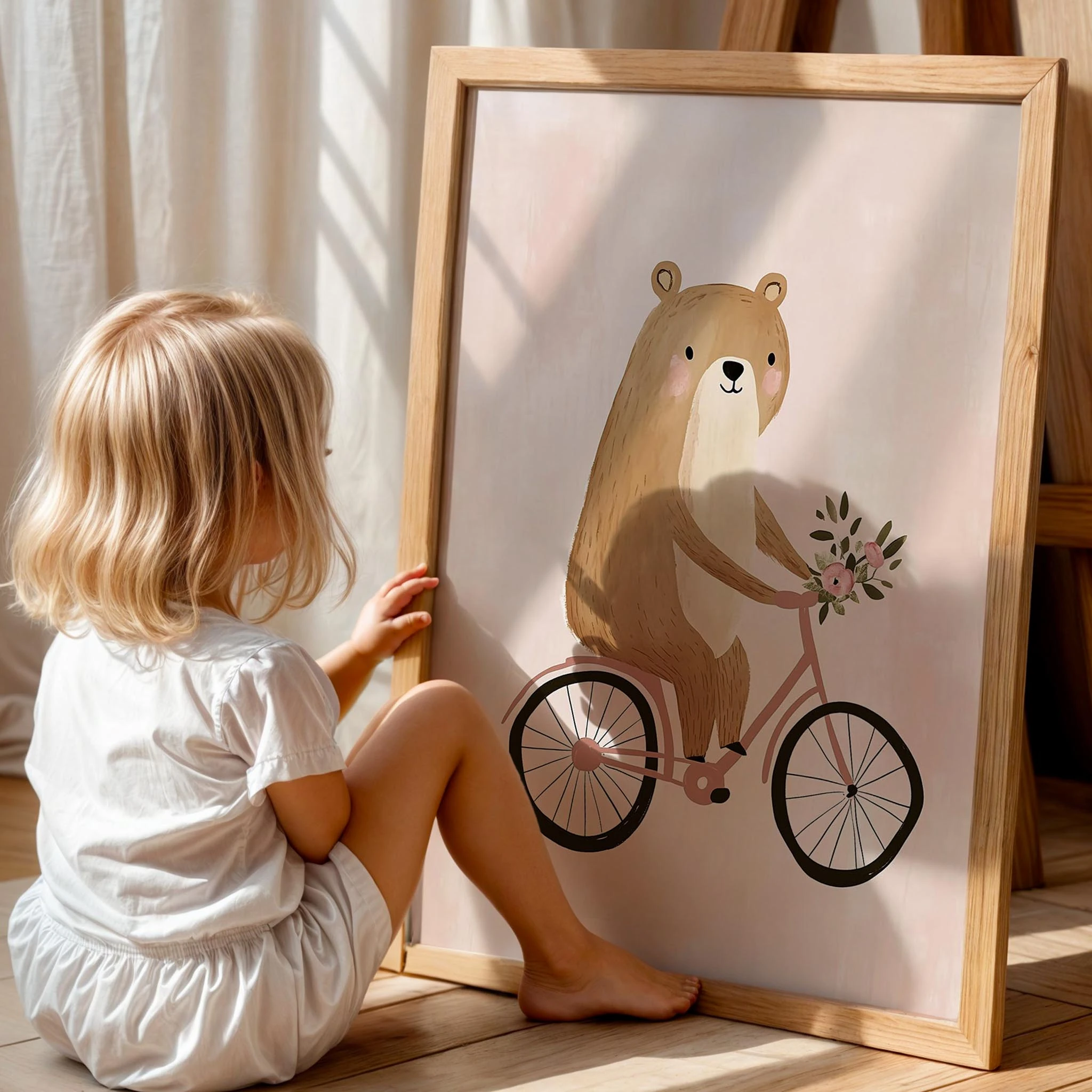 Bisiklet Süren Ayıcık Kız Çocuk Odası Ahşap Tablo