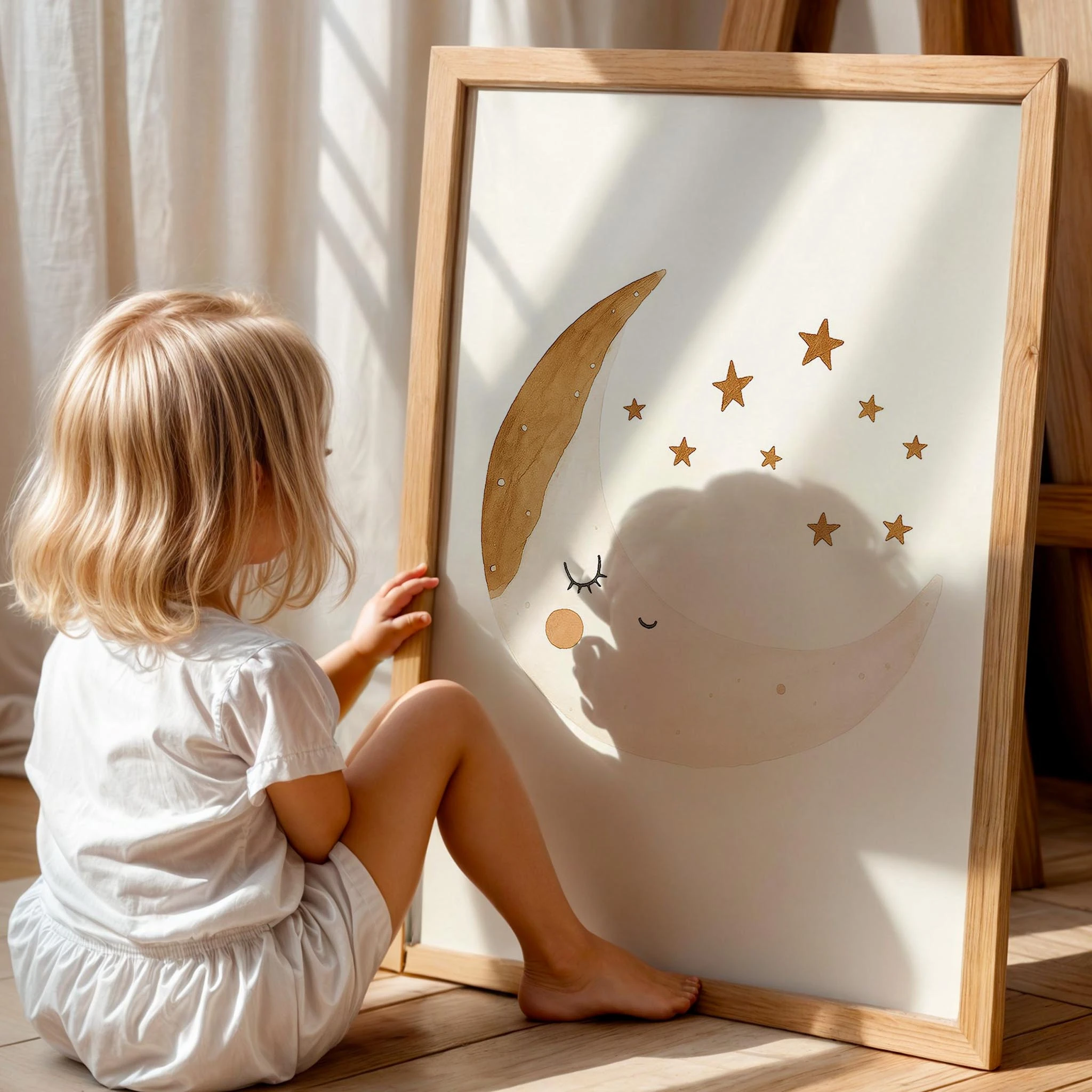 Sevimli Aydede ve Yıldızlar Minimalist Çocuk Odası Ahşap Tablo