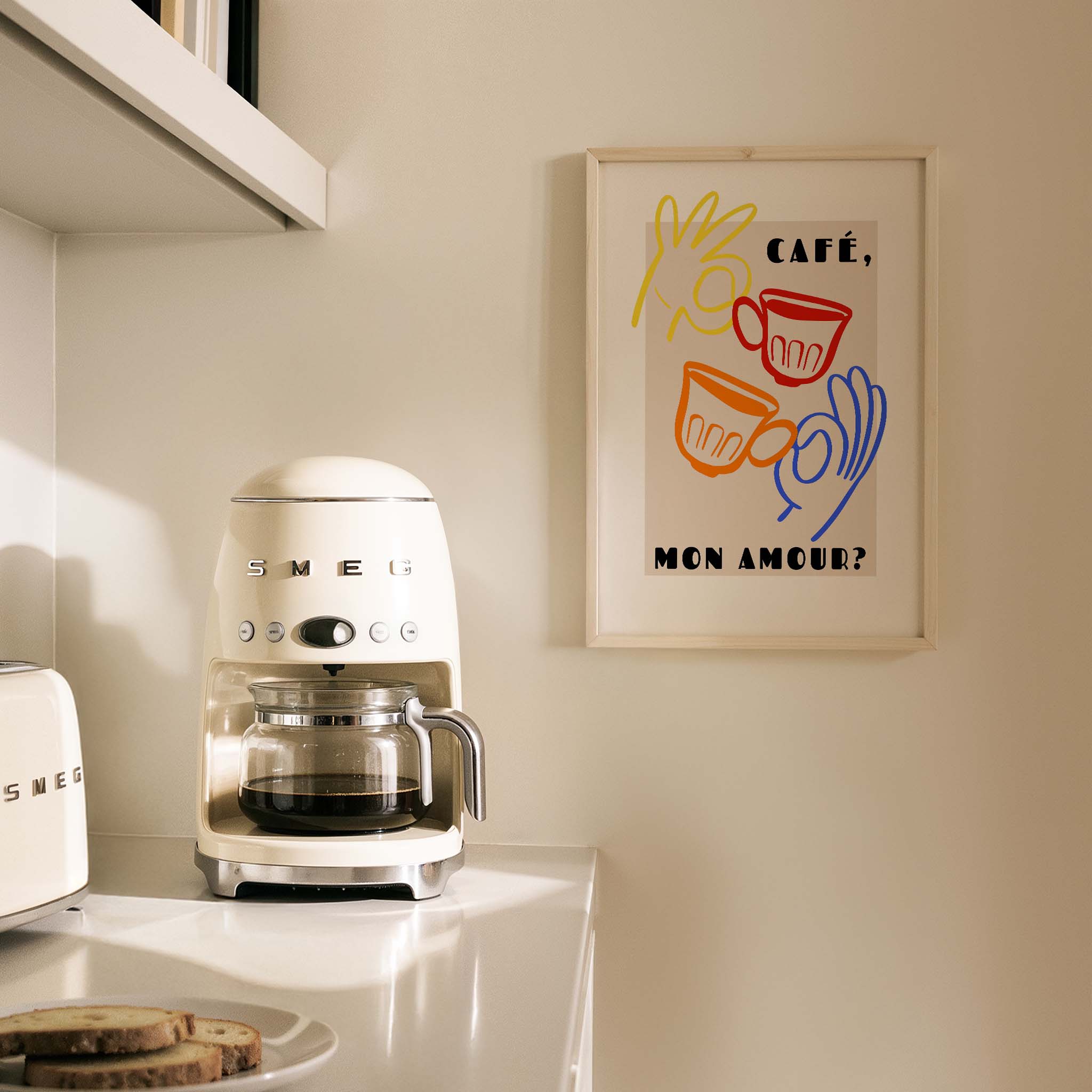 Café Mon Amour Fransız Renkli Minimal Çizimler Mutfak Duvar Tablosu