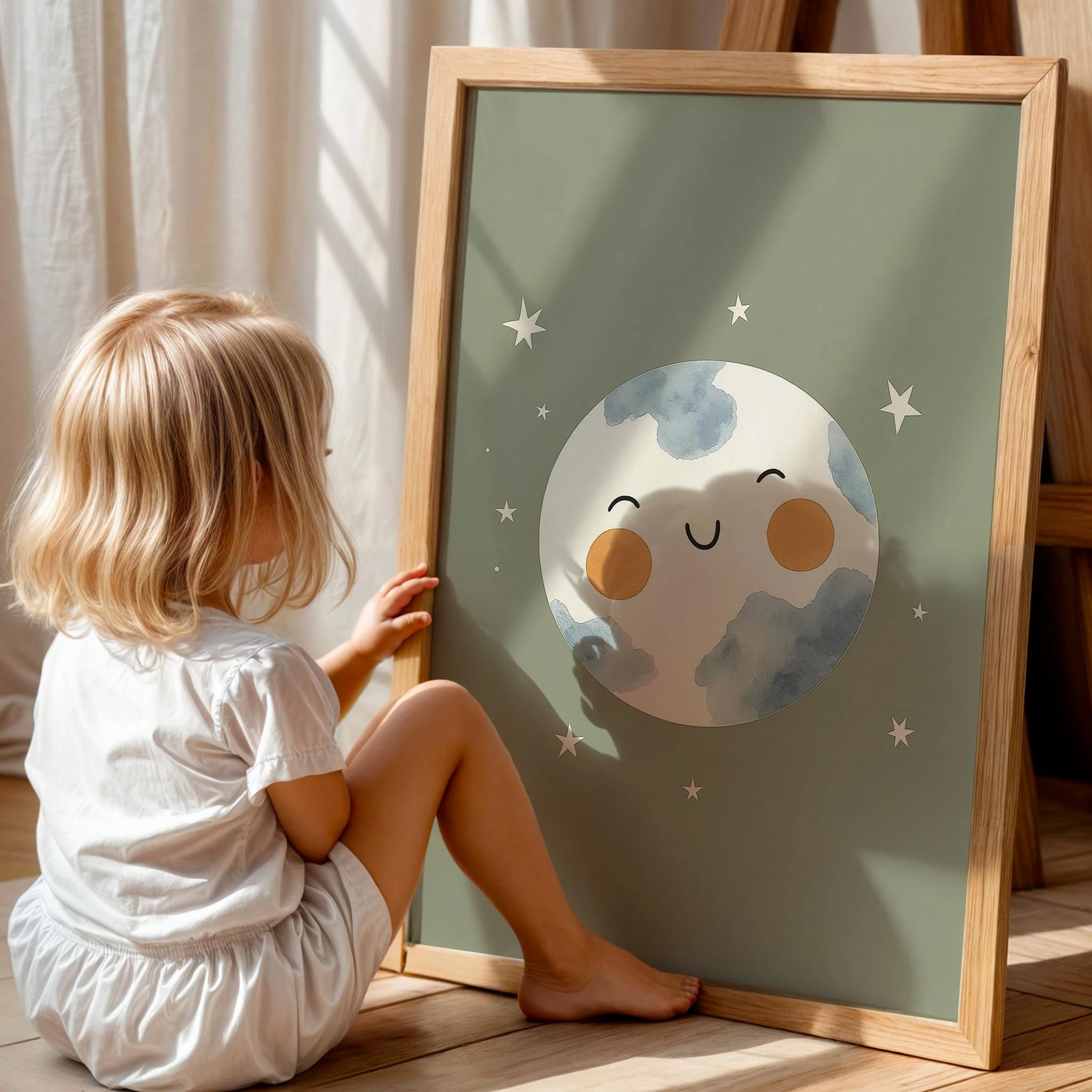 Sevimli Ay ve Yıldızlar Yeşil Fonlu Çocuk Odası Ahşap Tablo