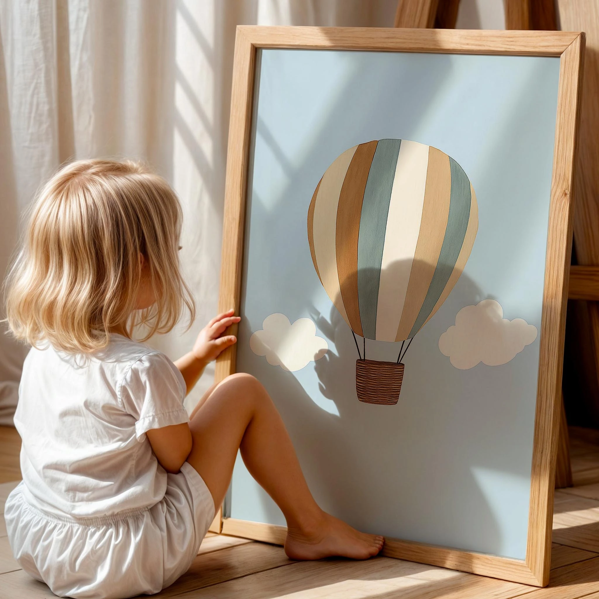 Uçan Balon Mavi Fonlu Çocuk Odası Ahşap Tablo