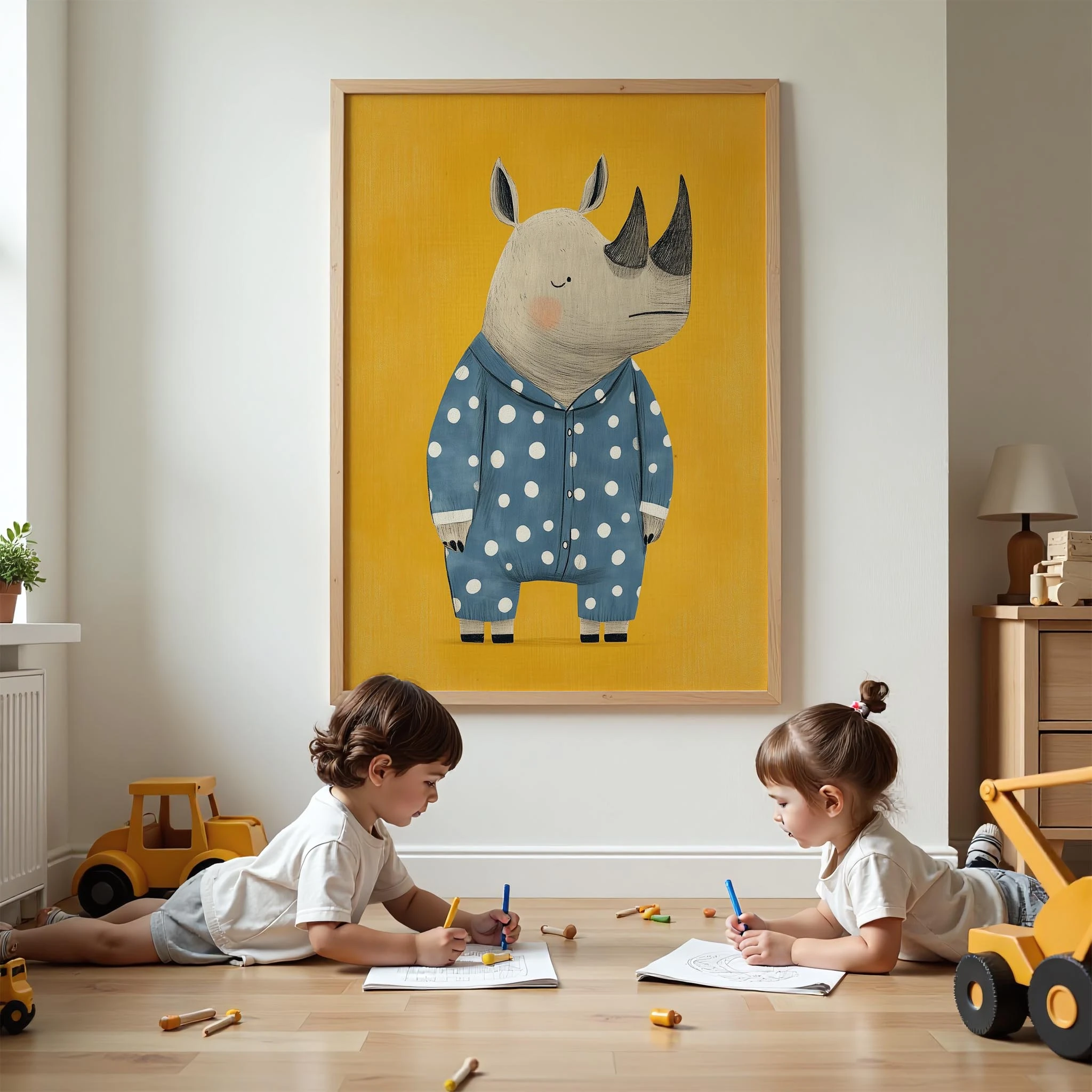 Pijamalı Uykucu Gergedan - Sarı Fon