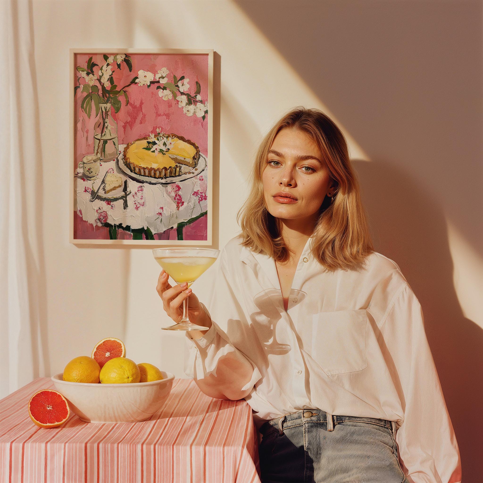 Çiçekler ve Limon Tart Fransız Stil Tatlı Mutfak Duvar Tablosu