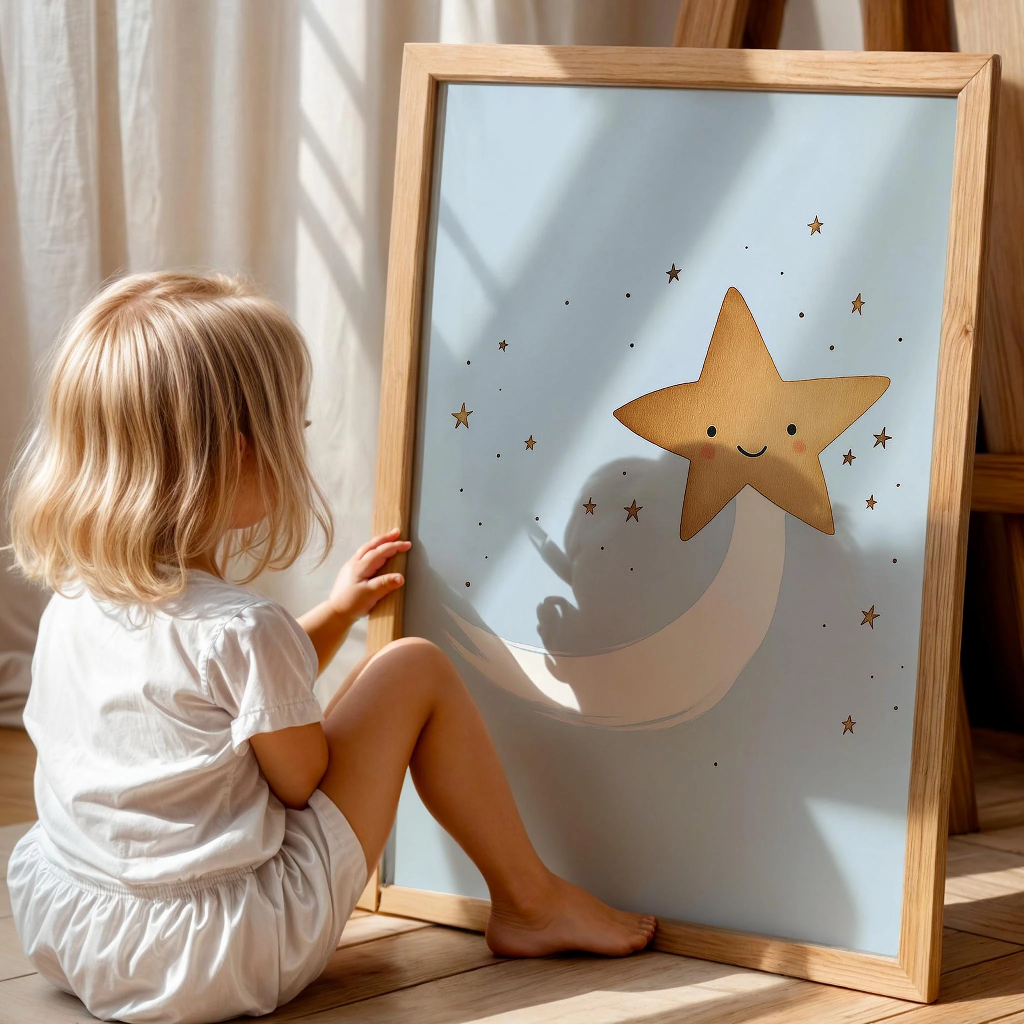 Sevimli Kuyruklu Yıldız Mavi Fonlu Çocuk Odası Ahşap Tablo