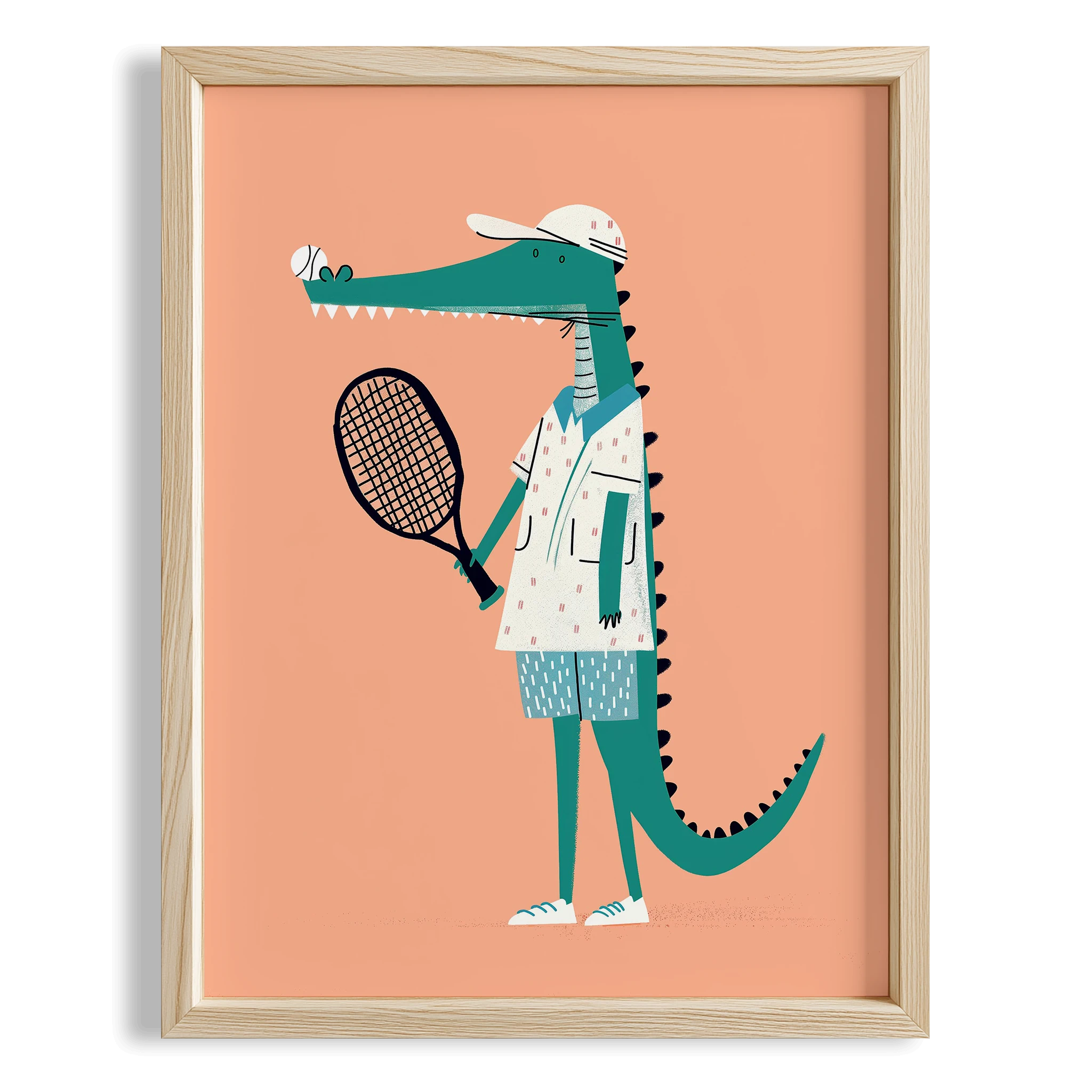 Tenisçi Timsah - Eklektik Tarzda Çocuk Odası Dekorasyonu Ahşap Çerçeveli Duvar Tablosu