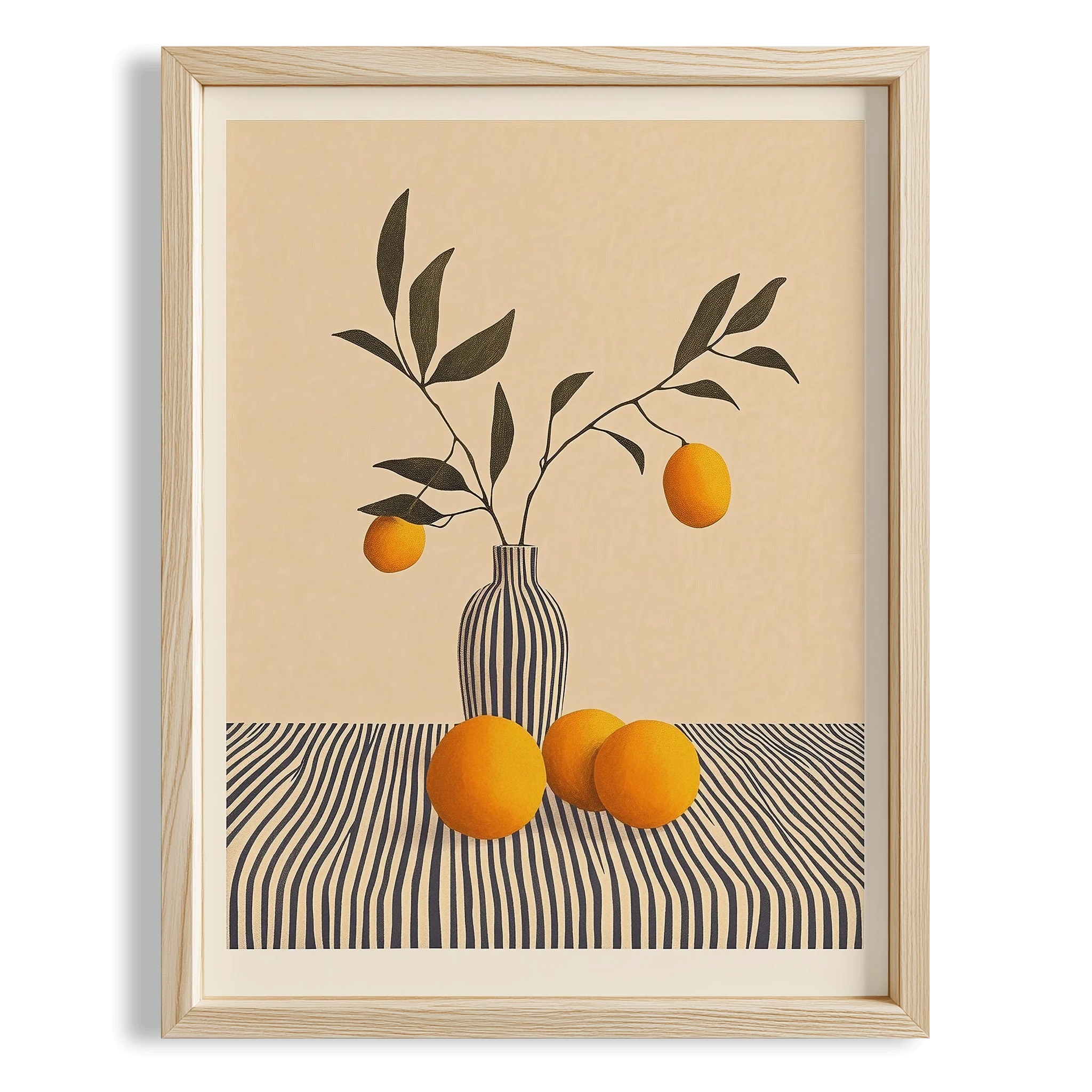 Masada Portakal ve Çizgili Vazo Meyveler Mutfak Duvar Tablosu II