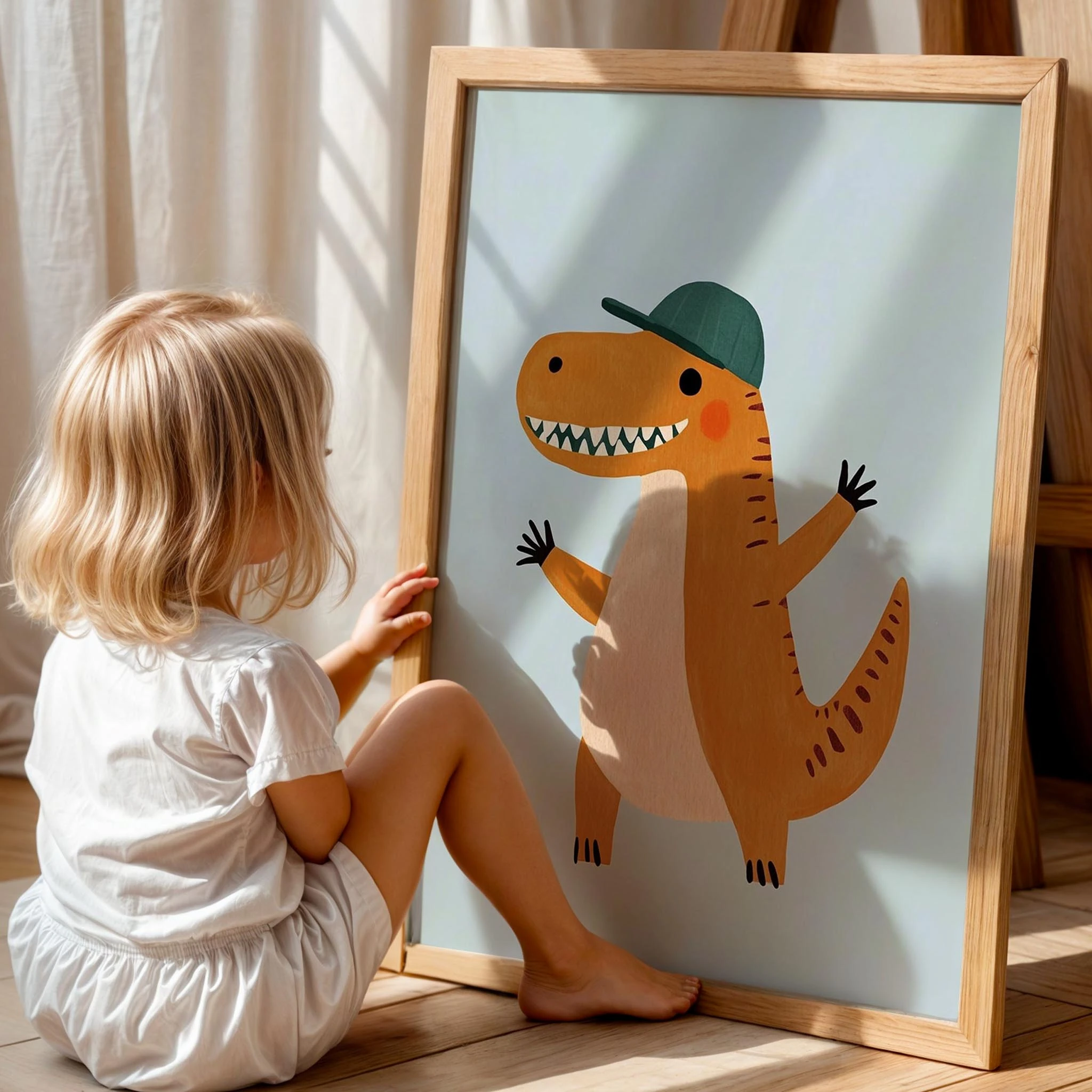 Neşeli Şapkalı Dinozor Temalı Mavi Fonlu Çocuk Odası Ahşap Tablo