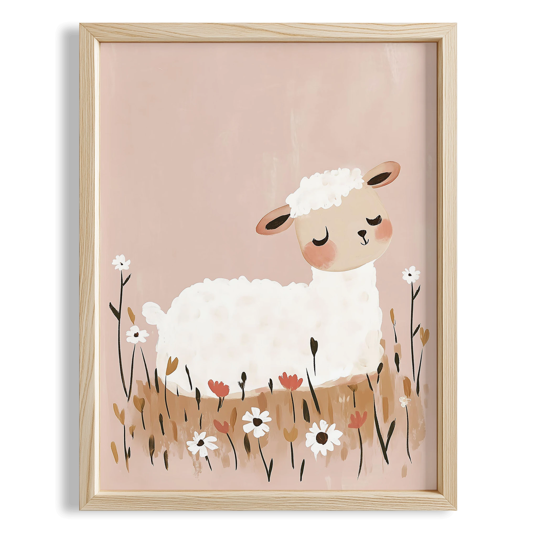 Bohem Çiçekli Sevimli Kuzu Kız Çocuk Odası Ahşap Tablo